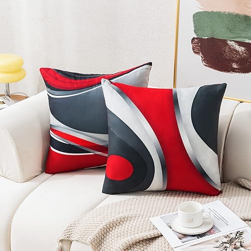 Miniatura 2 de Harraca Juego de 4 fundas de almohada rojas decorativas modernas de rayas abstractas geométricas decorativas de 20 x 20 pulgadas, decoración