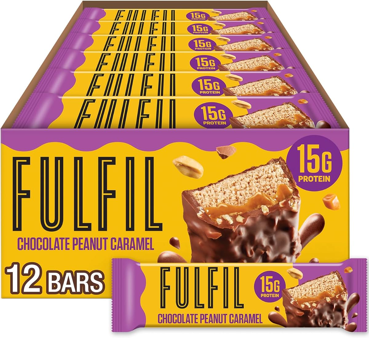 FULFIL FULFIL Protein Snack Bars, Chocolate Peanut Caramel Flavored, Gluten Free with 15g Protein, Pantry Staples, 12 Count