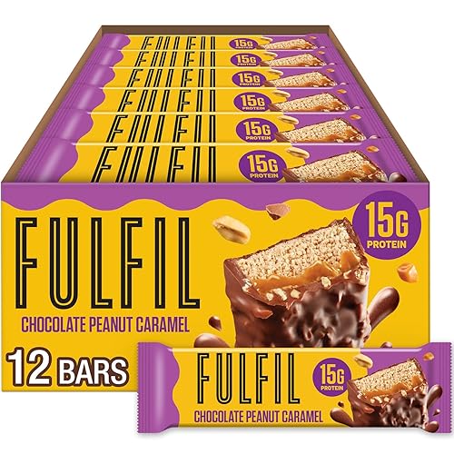 FULFIL - Barras de proteína con sabor a maní con caramelo y chocolate, sin gluten, 15 g de proteína, básicas de despensa, 12 unidades