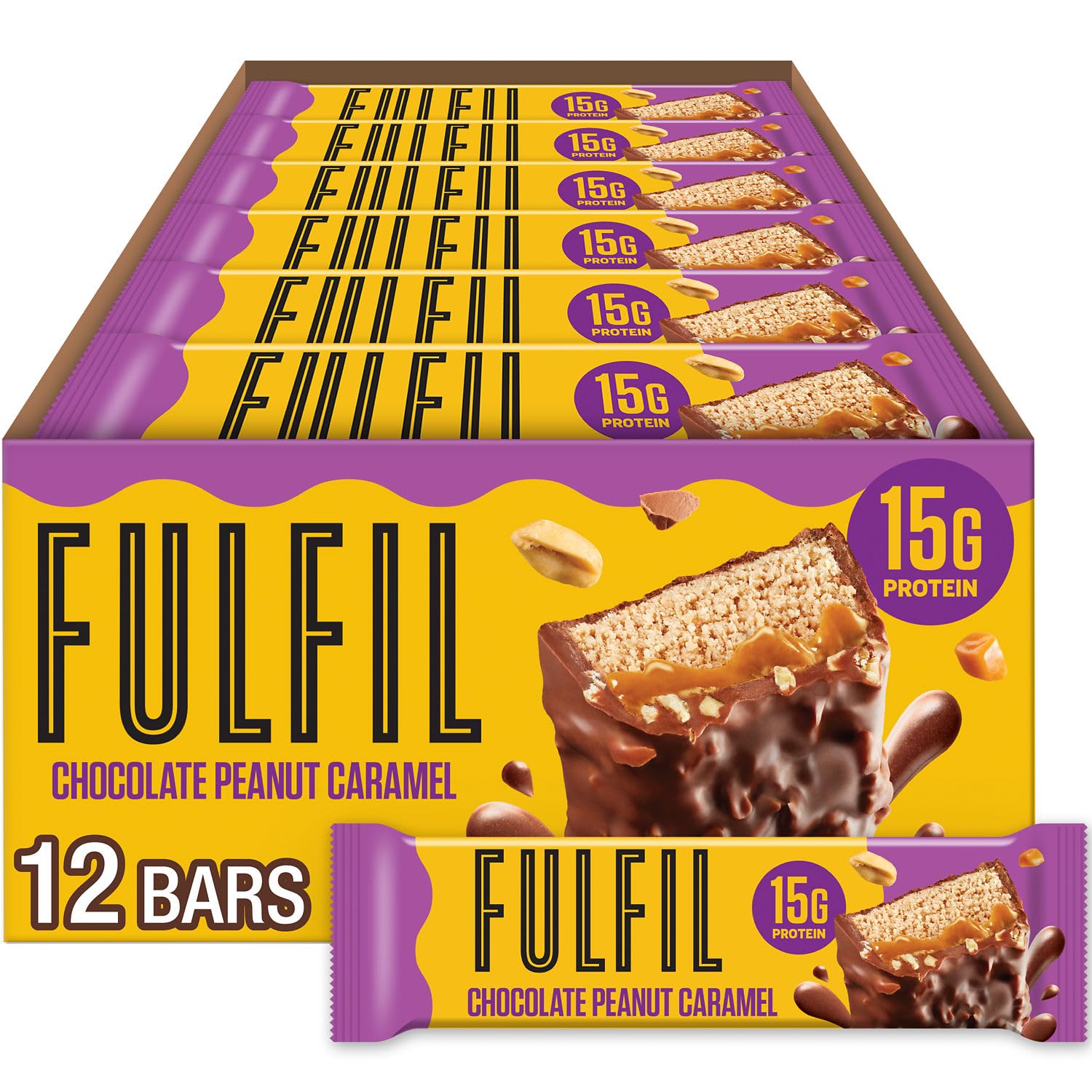FULFIL Protein Snack Bars, Chocolate Peanut Caramel Flavored, Gluten Free with 15g Protein, Pantry Staples, 12 Count