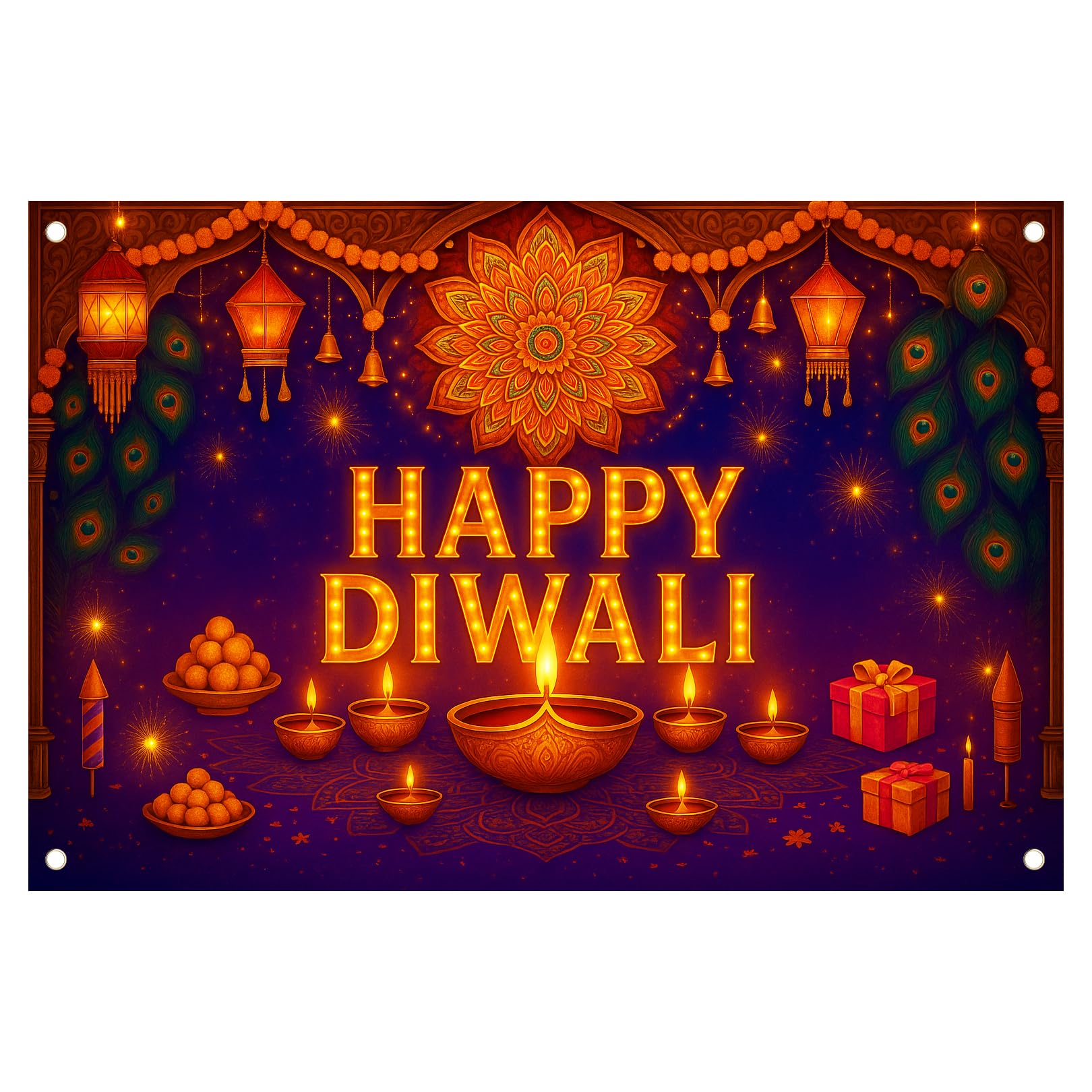 1 Pcs Happy Diwali Banner Decorations, Diwali Decorations for House Home Wall Hanging, Large Fabric Background for Deepavali Festival of Lights, Indoor Outdoor House Decor, 150 * 110CM with 10M rope