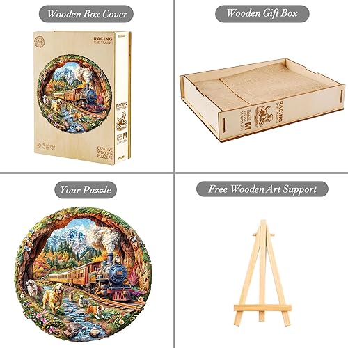Miniatura 5 de KAAYEE Rompecabezas de madera para adultos, efecto visual 3D, perros que corren contra trenes, rompecabezas de madera de forma única, rompecabezas