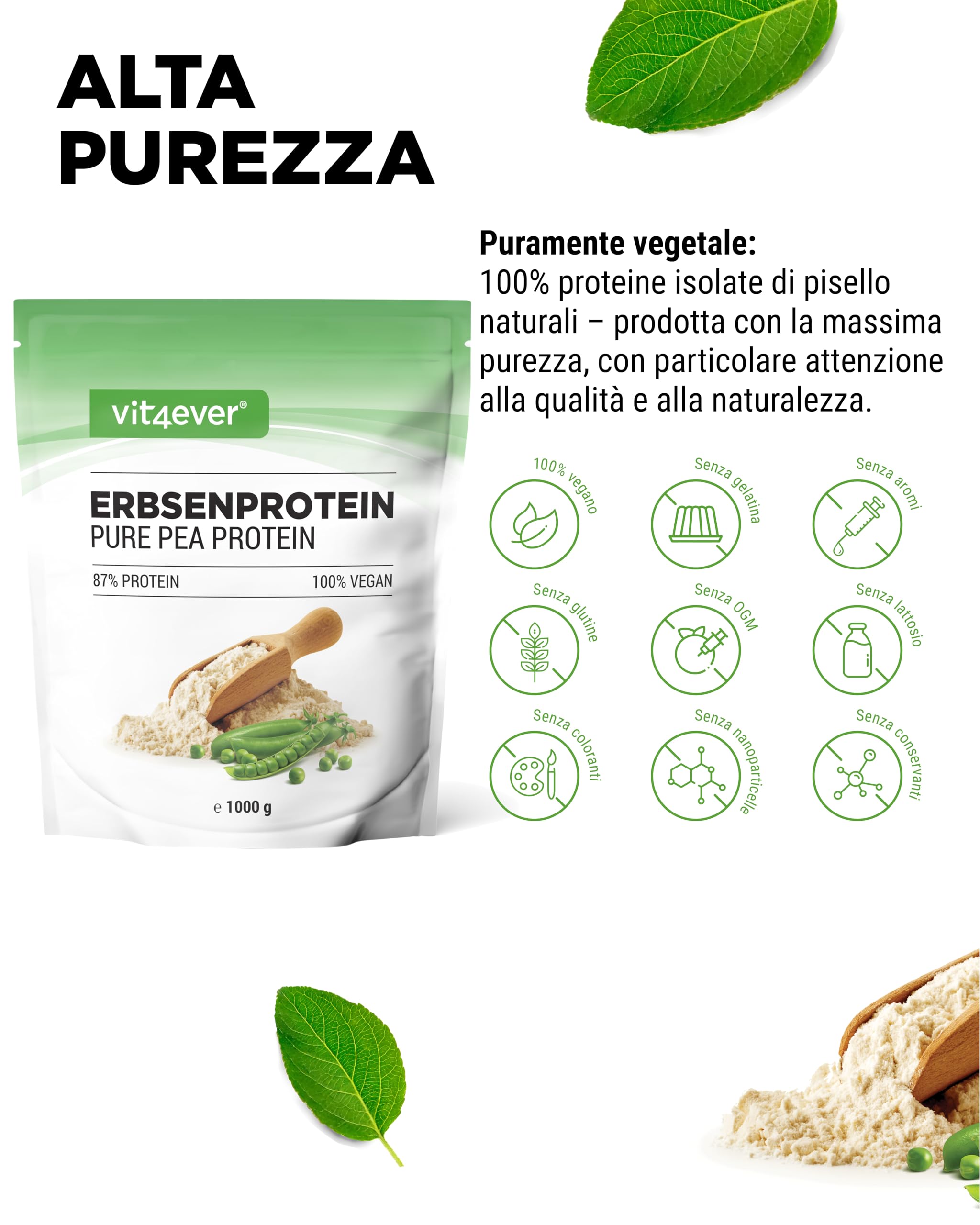Proteine del Pisello in Polvere 1000 g (1 kg) - 87% Proteine - 100% Isolate (Pea Protein Powder) - Proteine Vegetali Vegane - Senza: Edulcoranti, Zucchero, Glutine, Soia, Lattosio - Origine Belgio