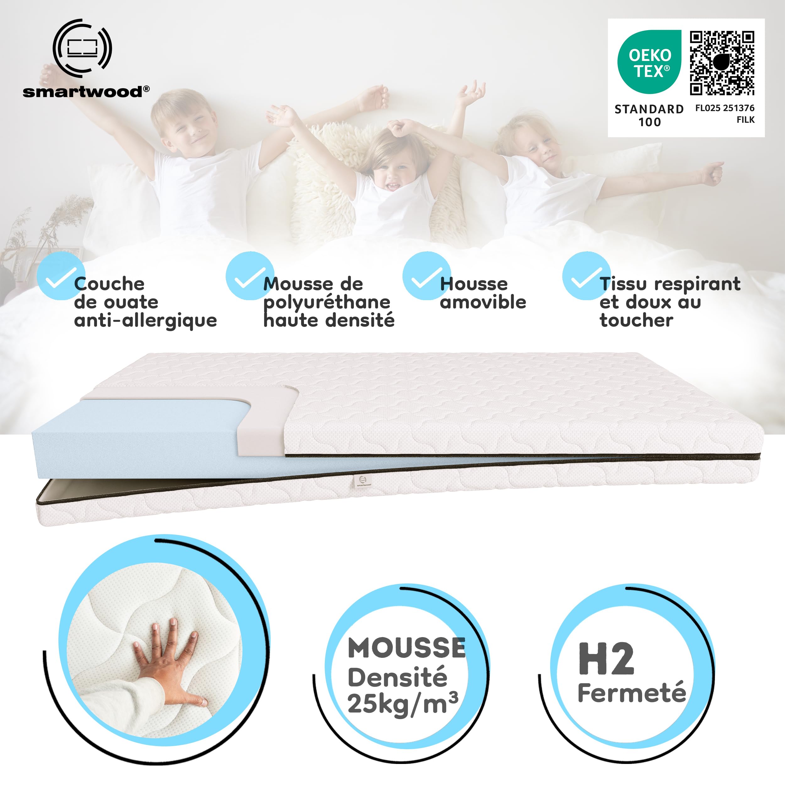 smartwood Matelas 80x150 Enfant - Mousse Matelas 9 cm - Mi-fermé H2 Certifié Oeko-TEX - Réversible - Housse Lavable Anti-Allergique et Respirante | Made in EU