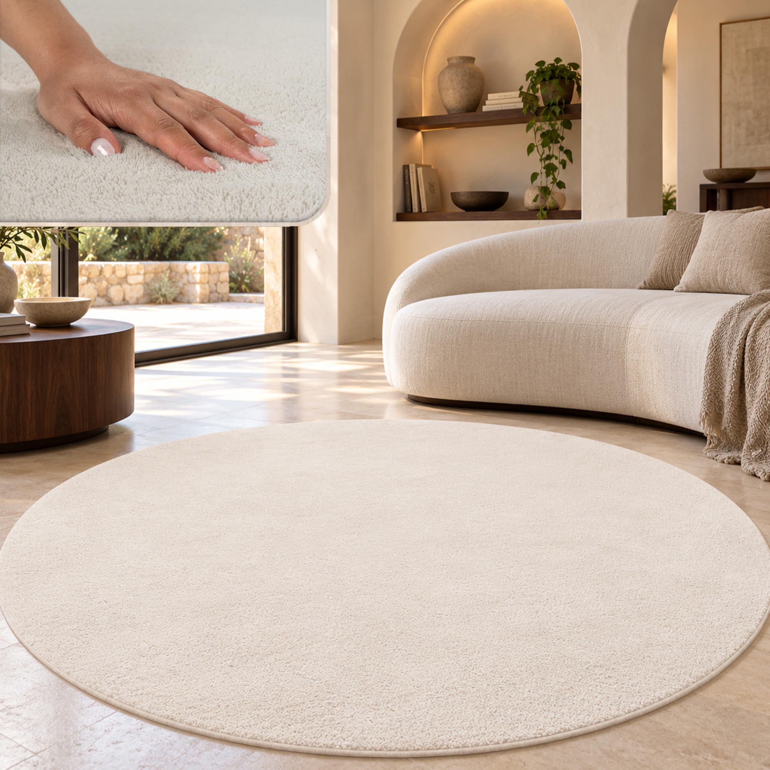 Paco Home Moderner Kuscheliger Wohnzimmer Teppich Kurzflor waschbar flauschig Weich Einfarbig Felloptik zeitlos stilvoll rutschfest pflegeleicht, Grösse 200 cm Rund, Farbe: Creme 4