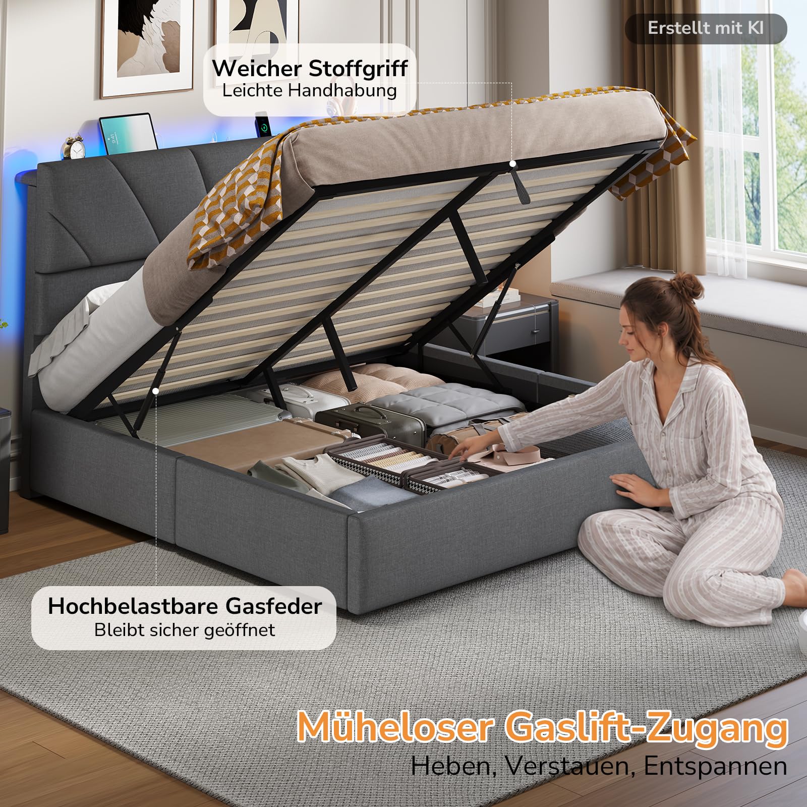 Polsterbett 180x200 mit 1000L Stauraum & Lattenrost | Lift-Up, 1000L Stauraum, LED, USB/AC, 3-Fach Kopfhöhe, 400kg Tragkraft, geräuschlos