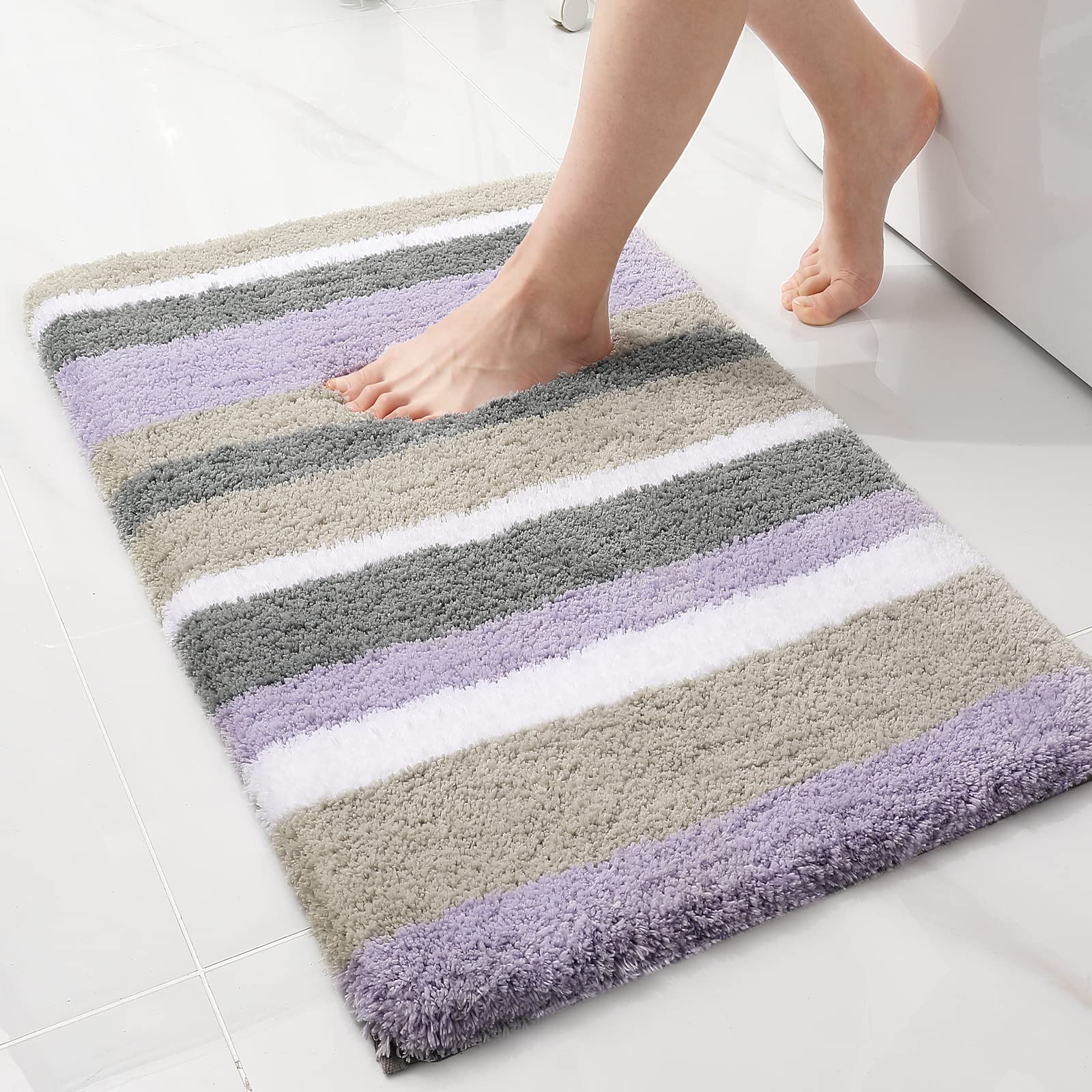 BugandaMicrofiber Striped Bathroom Rugs Bath Mat, Extra Thick, Soft and Shaggy, Absorbent, Machine Washable, Anti-Slip Bath Rugs for Bathroom, Tub and Shower, 36x24, Purple-Grey