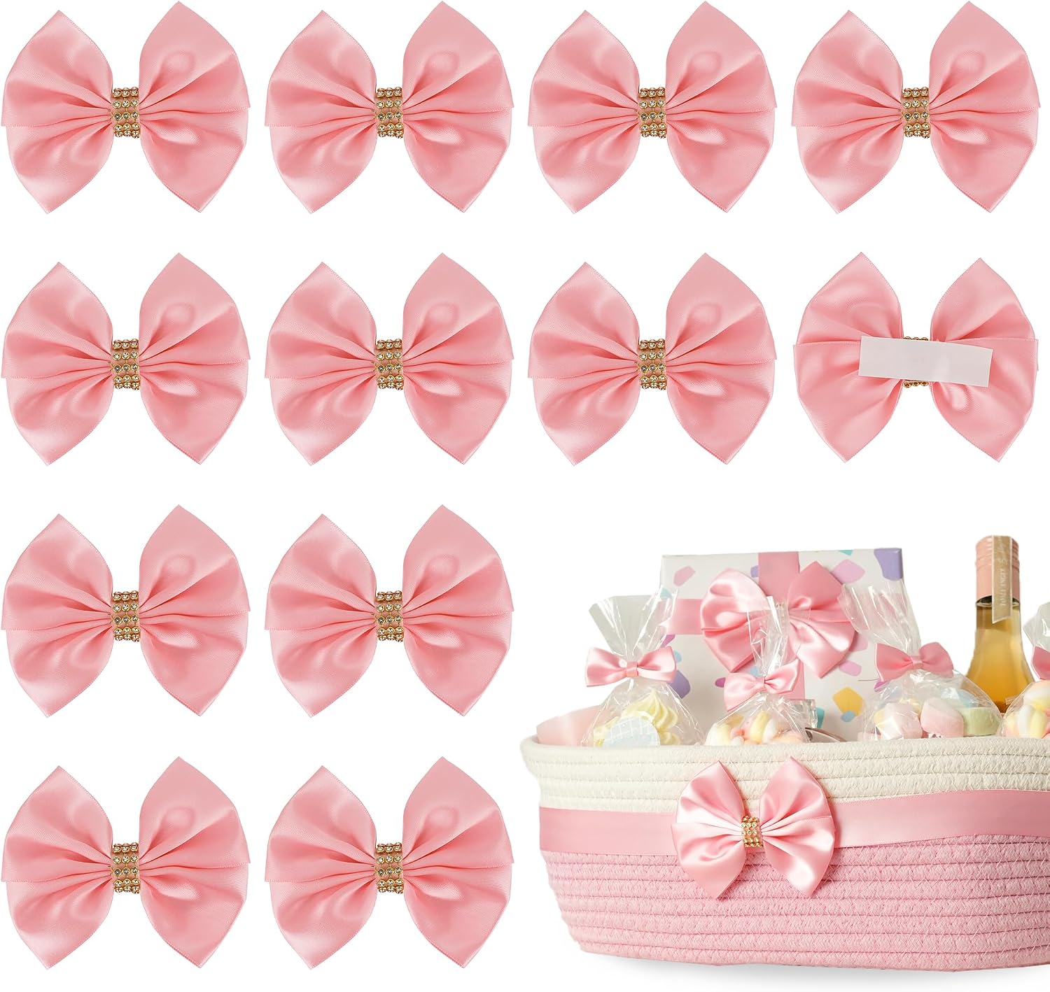 3.5 Inch Self Adhesive Pink Gift Bows with Rhinestone 12 Counts
