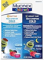 Vista 1 de Mucinex Resfriado y Tos, Líquido Multi-Síntoma para Niños Día/Noche, Sabor a Bayas, 8oz (2x4oz) Alivia la Congestión Nasal y del Pecho, Diluye