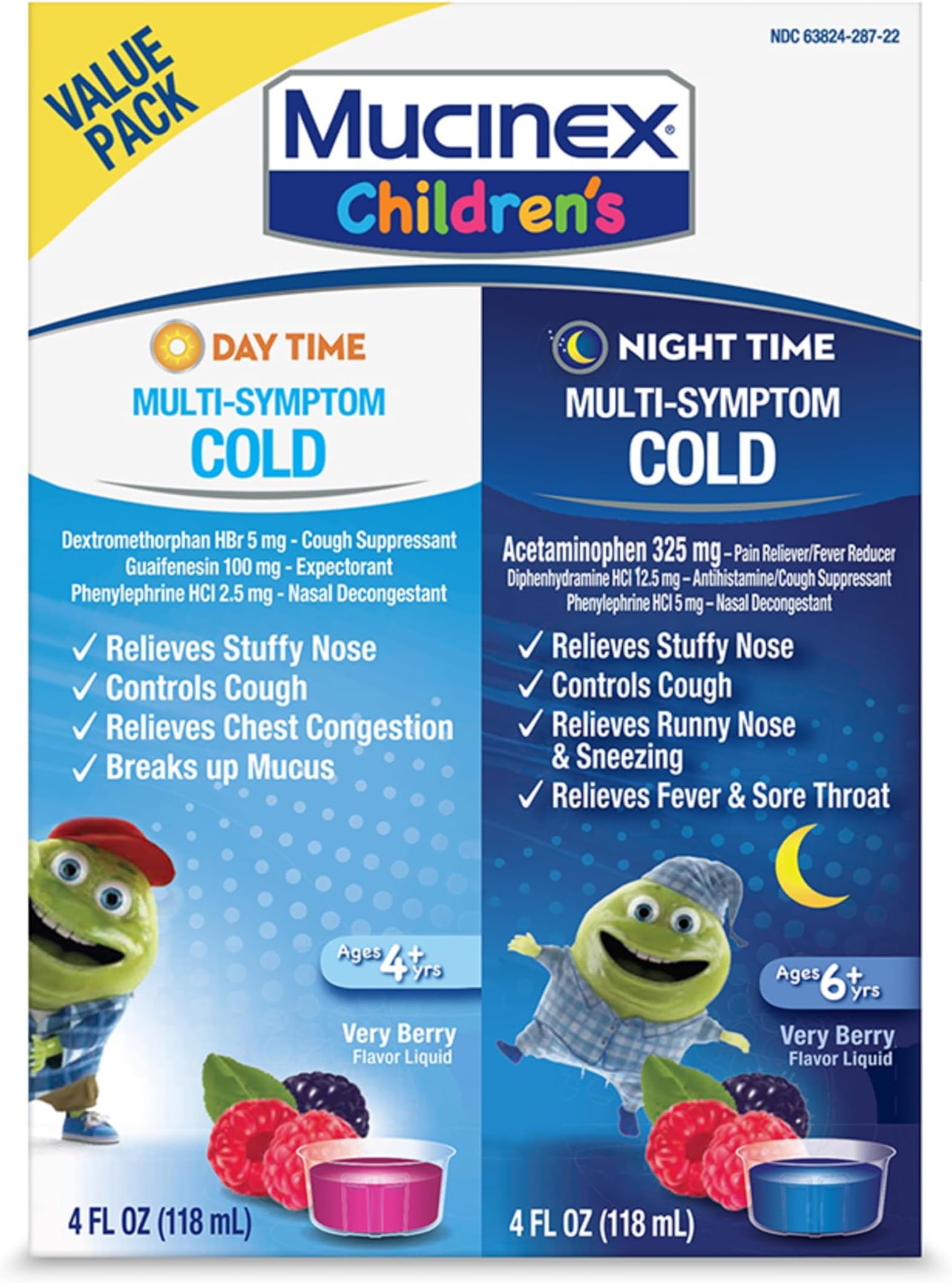 Cold & Cough, Children's Multi-Symptom Day/Night Liquid, Very Berry, 8oz (2x4oz) Relieves Nasal & Chest Congestion, Thins & Loosens Mucus, Controls Cough, Reduces Fever, Soothes Sore Throat