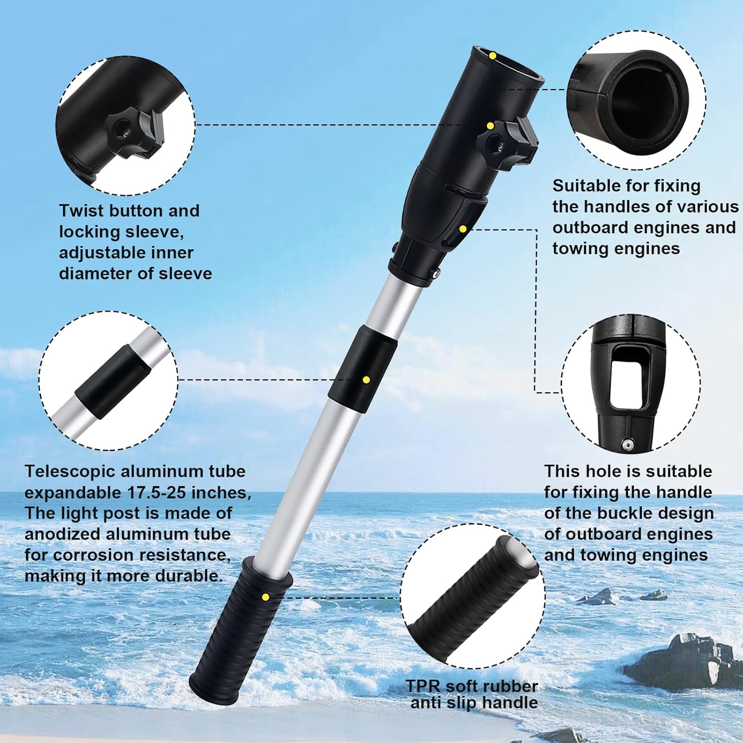 Tiller Handle Extension For Outboard Telescopic Type Handle Extension For Tug Motor Anodized Aluminum Tube Ergonomic Handle Extendable 17.5-25Inch
