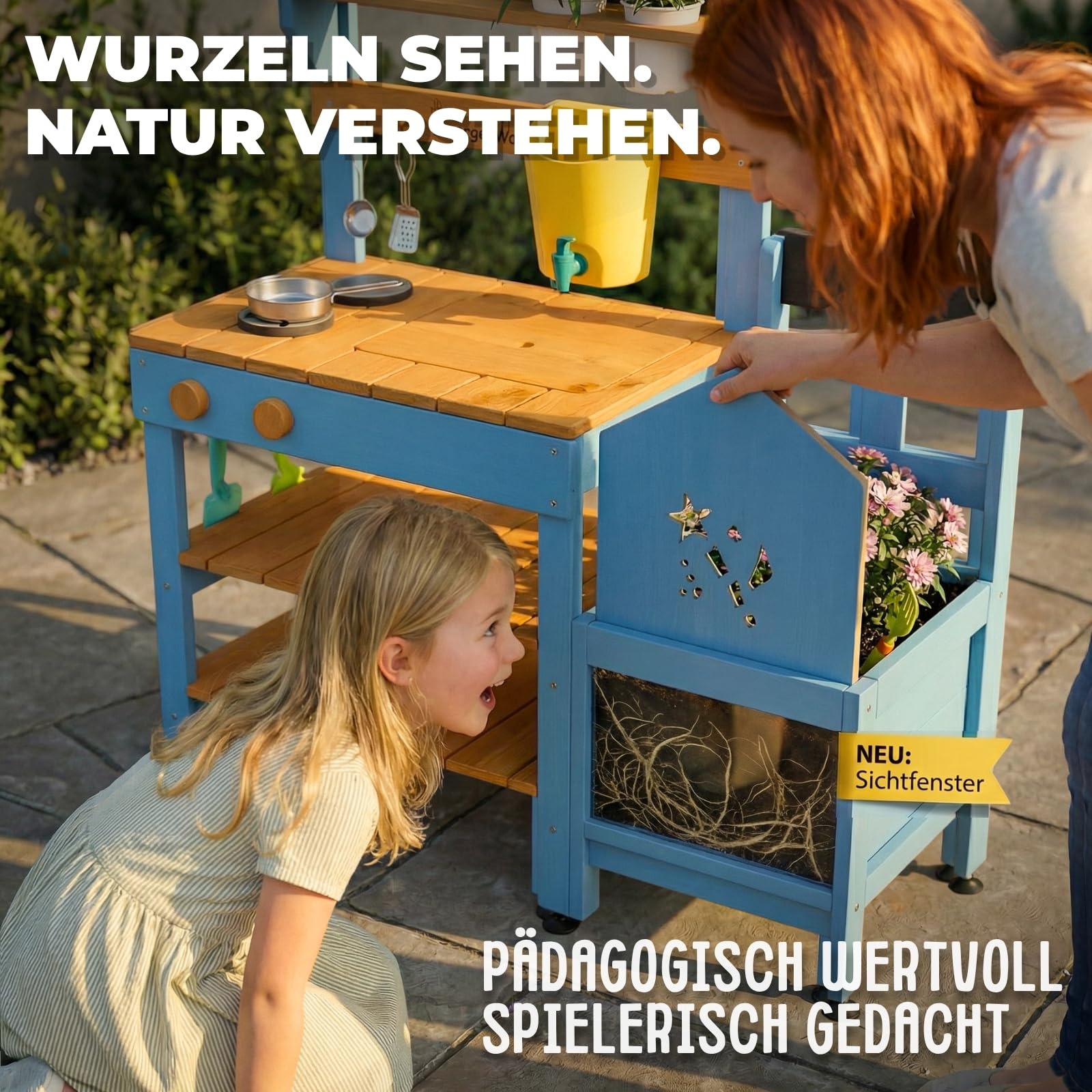 Matschküche Kinder Outdoor mit Wassertank & Spülbecken, mit Pflanzkasten, Mud Kitchen Holz, Spielküche Outdoor Höhenverstellbar, Matschtisch Kinder, Kinderküche Holz Wetterfest