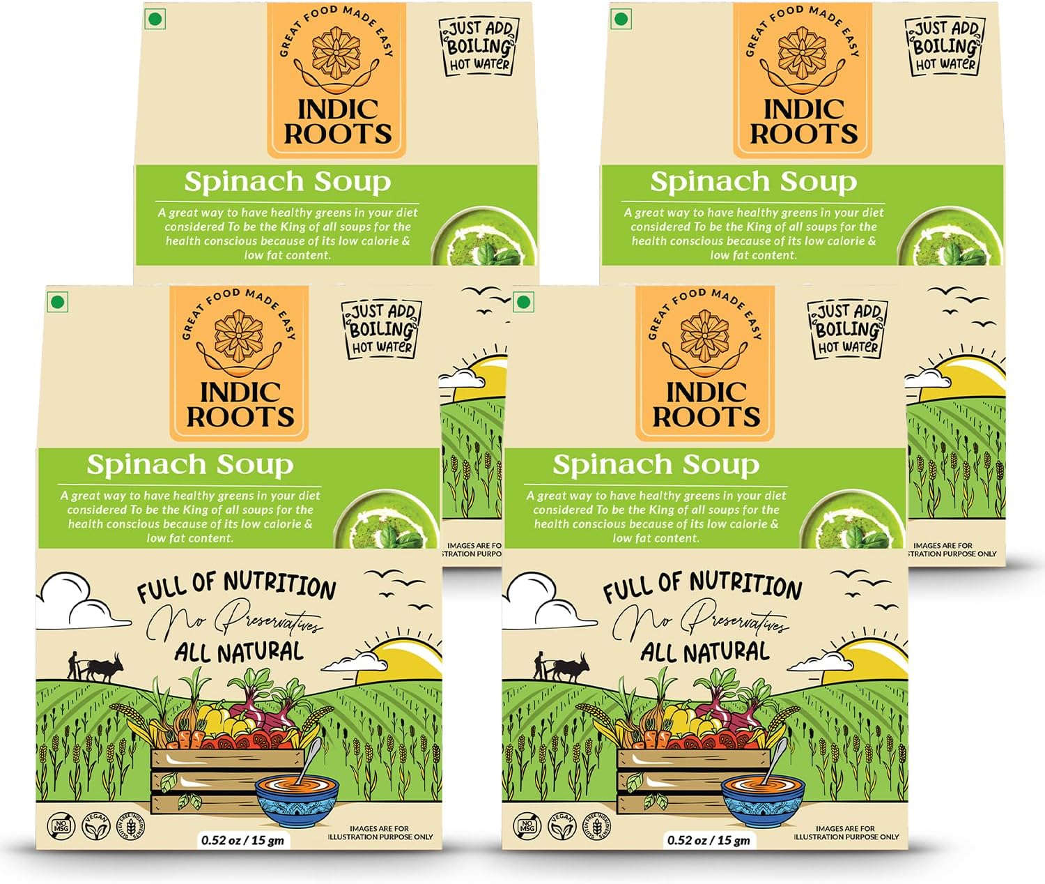 Indic Roots (Organic Roots) Spinach Soup, Palak Instant Soup Packets, Healthy Natural Ready To Cook Vegetable Soup Mix Powder, Pack of 4 (15G Each, 165Ml)