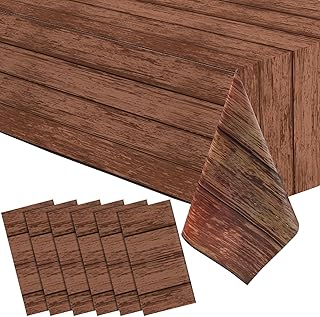 Irenare 6 Pieces Wood Grain Tablecloth Western Tablecloths Rustic Plastic Table Covers Rectangular Table Decoration for Barbecue Fall Autumn Western Barn Themed Birthday Party, 54 x 108 Inch, Brown