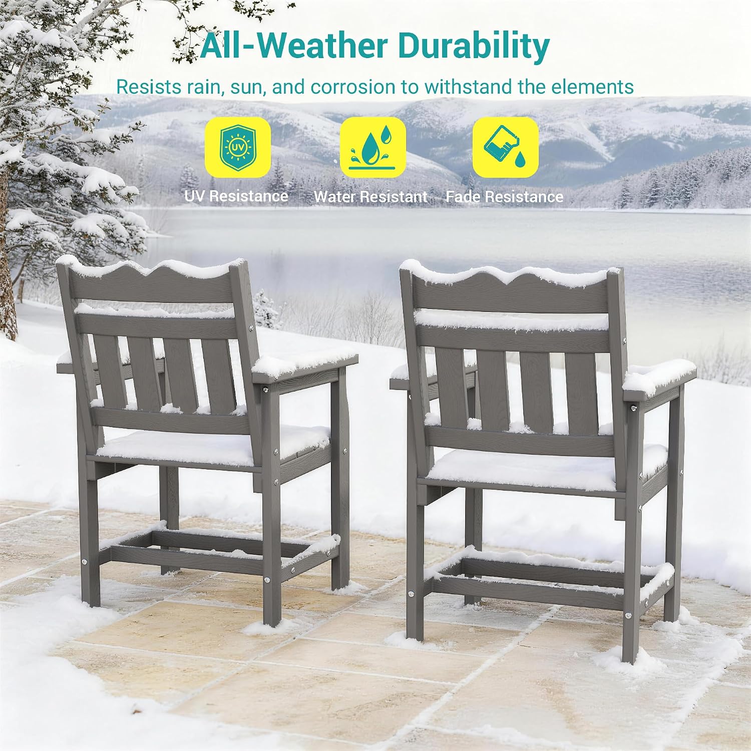 Outdoor Dining Chairs Set of 2, All-Weather HIPS Patio Chairs with Wide Seat and Ergonomic High Backrest for Garden, Backyard, Porch, 350 lbs Capacity, Grey