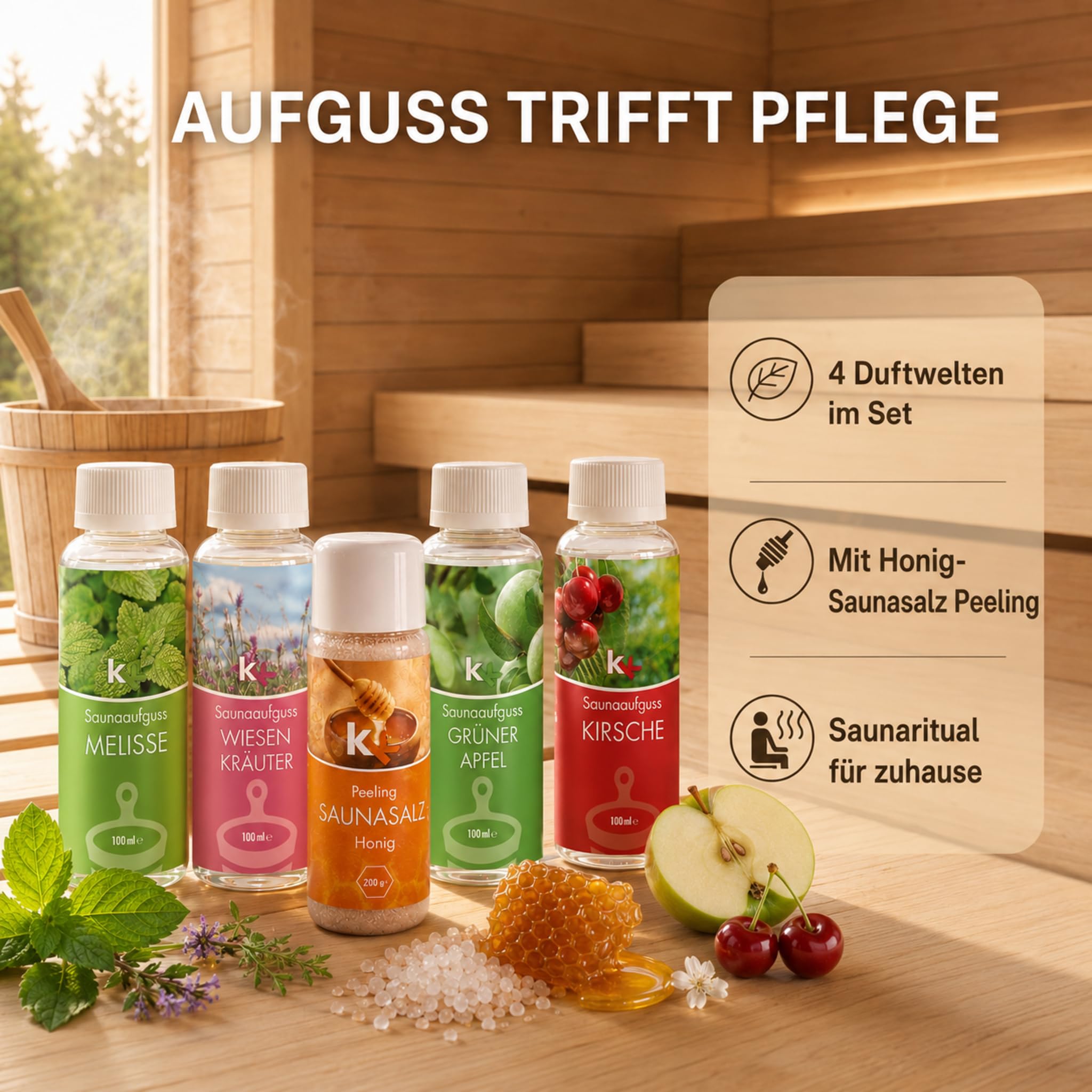 Saunaaufguss Set Altes Land 4x100ml + Honig Saunasalz Peeling – Melisse, Wiesenkräuter, Grüner Apfel & Kirsche – Hochkonzentriert – Fruchtig-frisches Sauna Geschenkset – Made in Germany