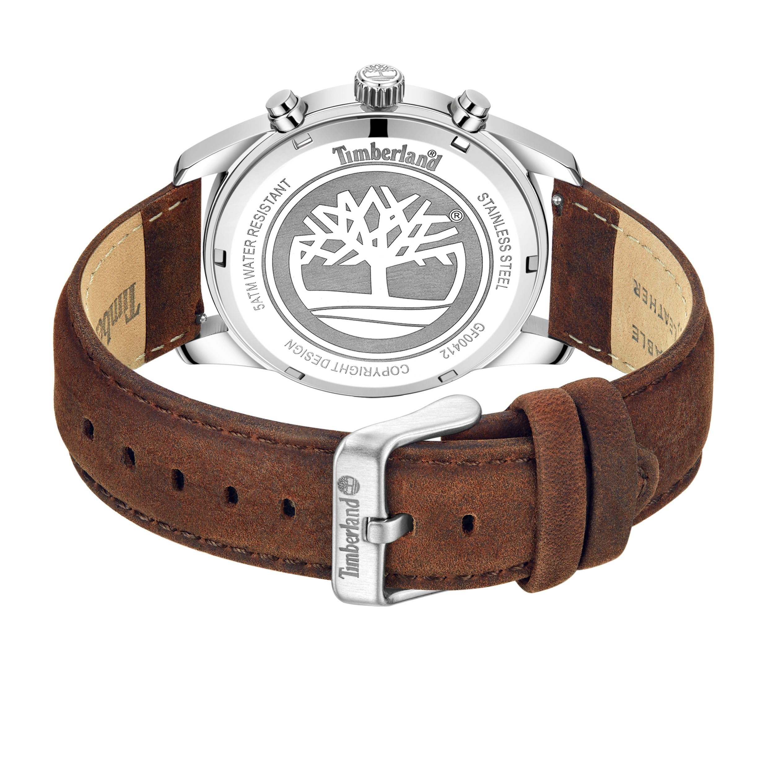 Timberland Northbridge Multifunktions-Herrenuhr - Silbernes Gehäuse, Grünes Zifferblatt, Braunes Lederarmband, 45mm, TDWGF0041206