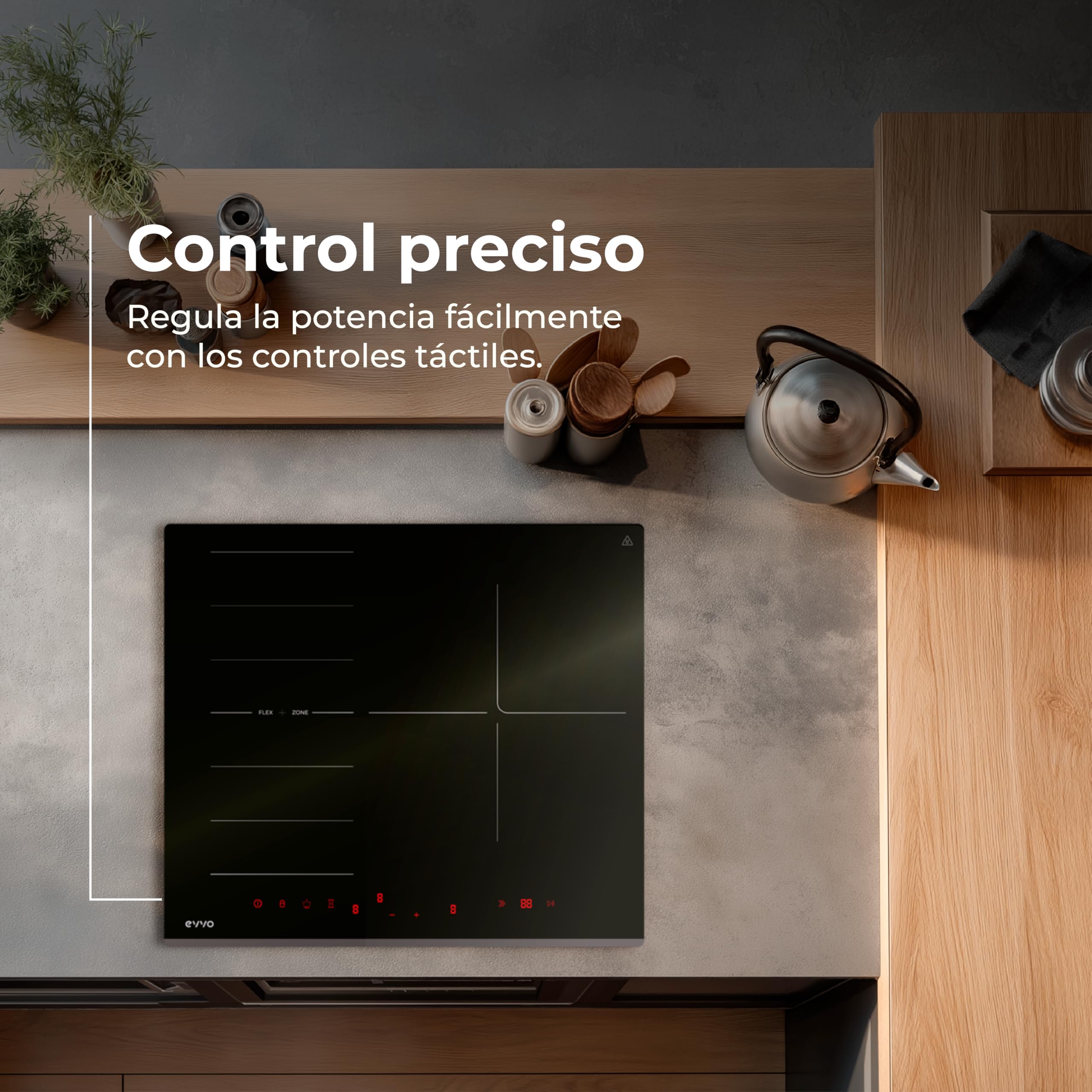 EVVO Placa Inducción V62 - Vitrocerámica Inducción 4 Zonas, Zona Flexible, 7200W, Booster, Control Táctil, 9 Niveles, Bloqueo Infantil, Temporizador, Apagado Automático, Cristal Negro