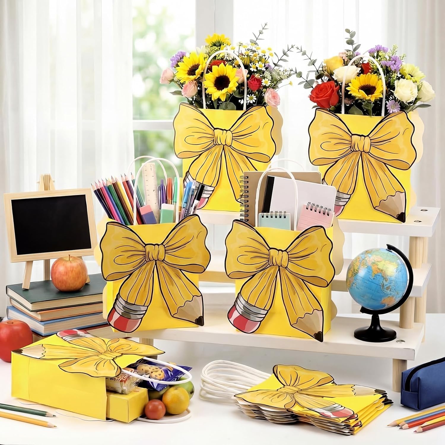 Glenmal 24 Pcs Teacher Appreciation Gift Bags Bulk Paper Teacher Gift Bag with Handle Pencil Bow Style Goodie Bags End of Year Back to School Treat Bag for Graduation Retirement Wrapping Supplies