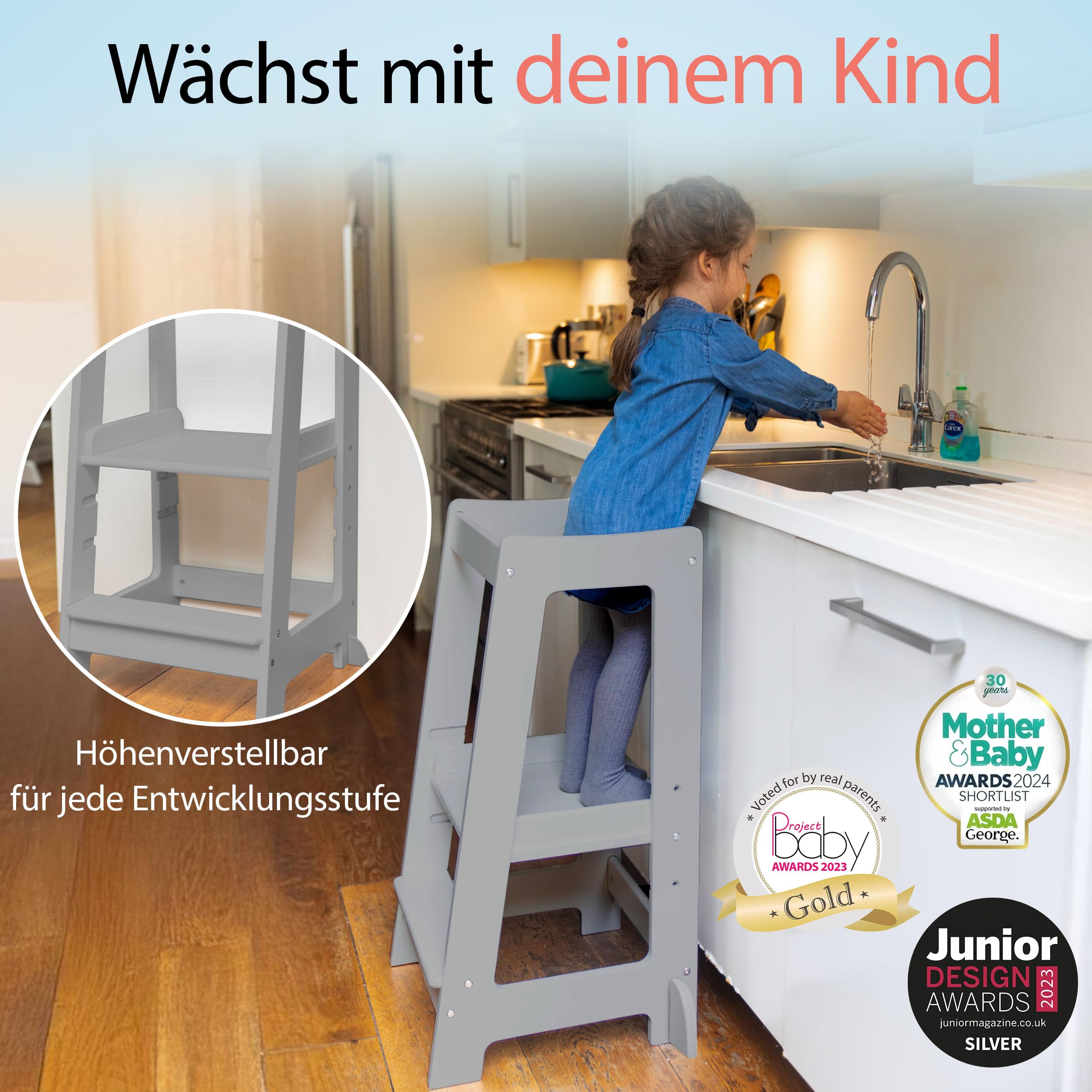 Stepup Baby Montessori Lernturm Tritthocker | Hochstuhl | Höhenverstellbar | Küchenhelfer | Sicherheitsgeländer | Für Kinder von 18 Monaten bis 5 Jahren - Grau