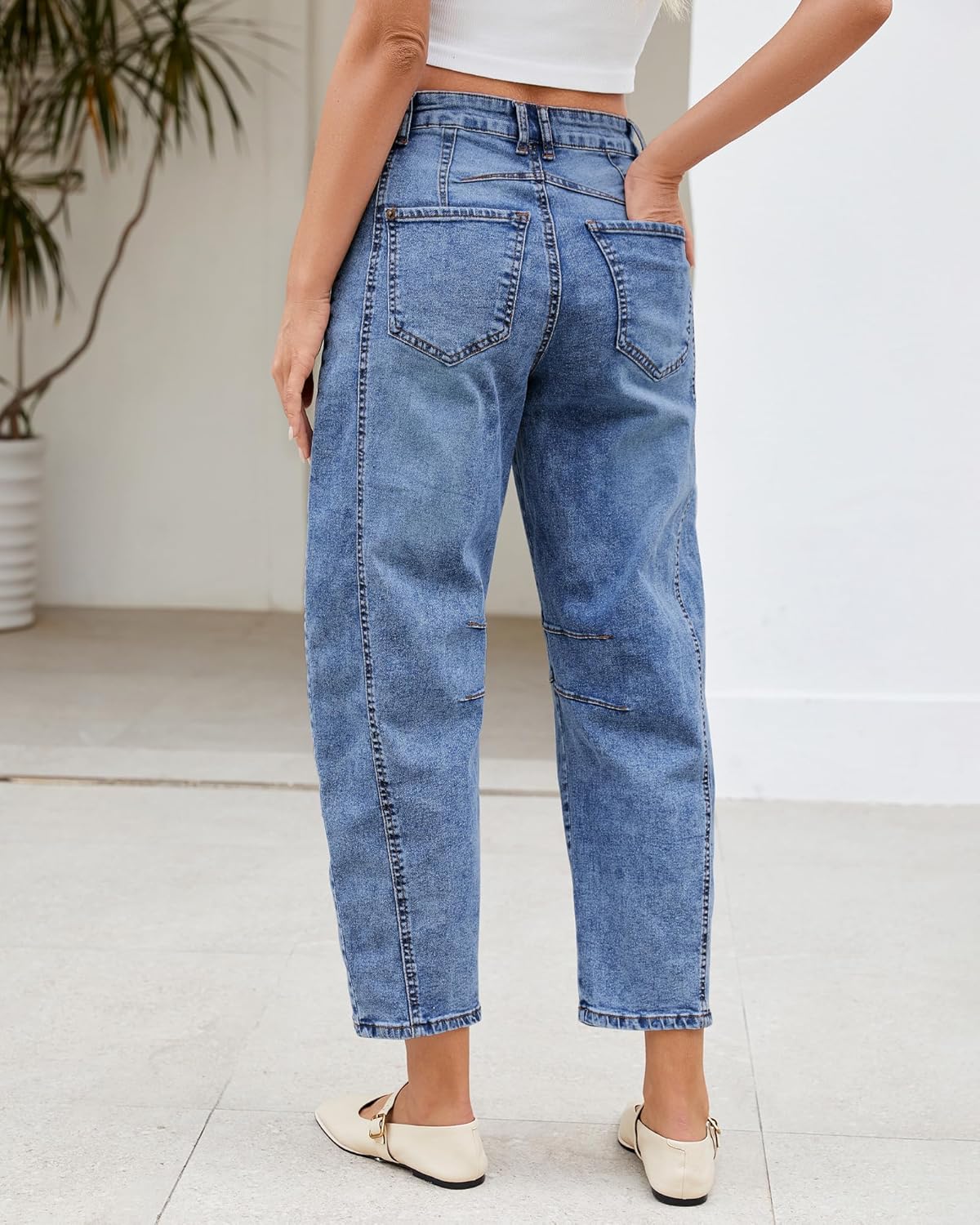 LookbookStore Barrel Jeans for Women High Waisted Cropped Wide Leg Trendy Baggy Distressed Stretchy Denim Jean Pants - Image 3