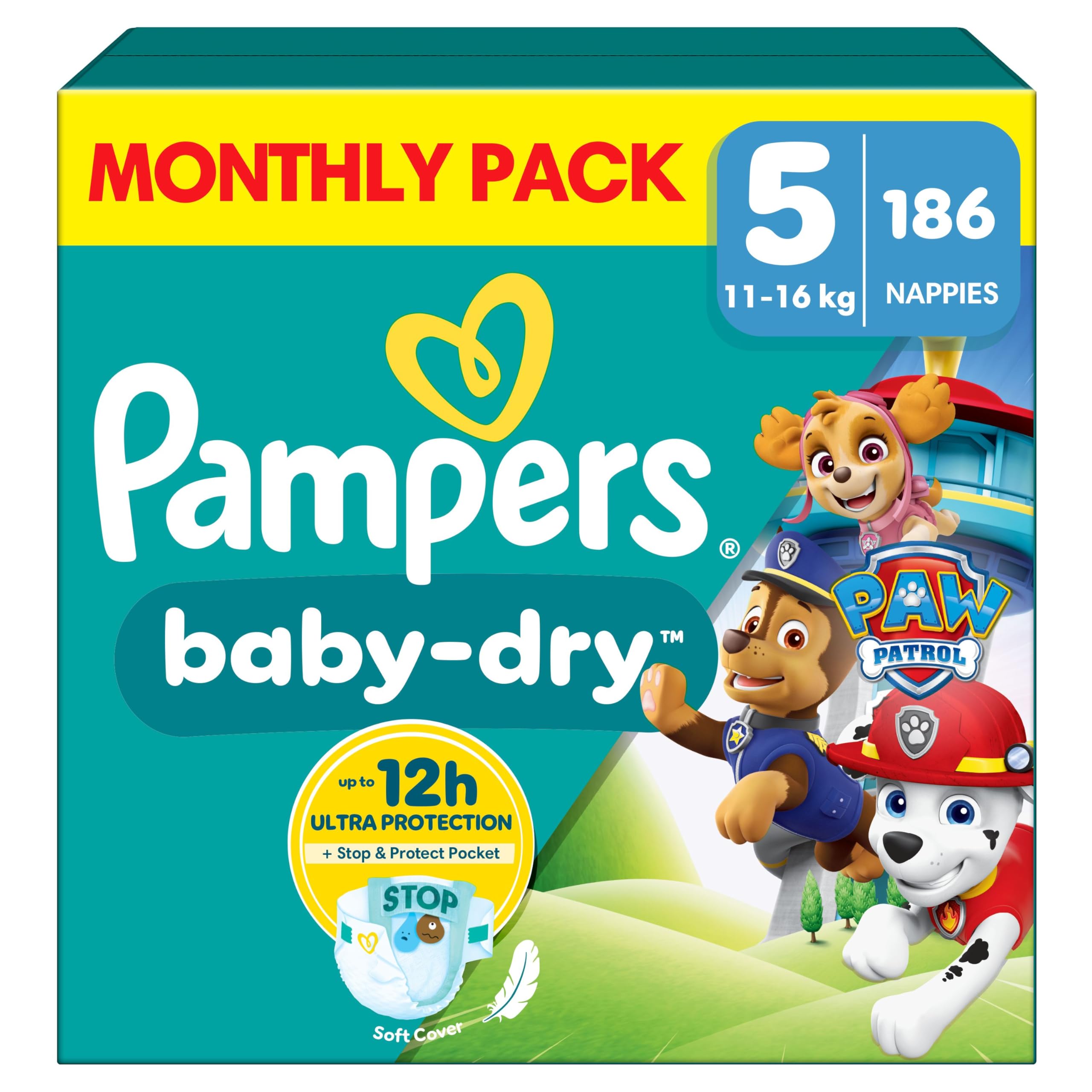 Baby-Dry Paw Patrol Edition Size 5, 186 Nappies, 11kg-16kg, Monthly Pack, Up to a 100% Leak-Free & Comfortable Night