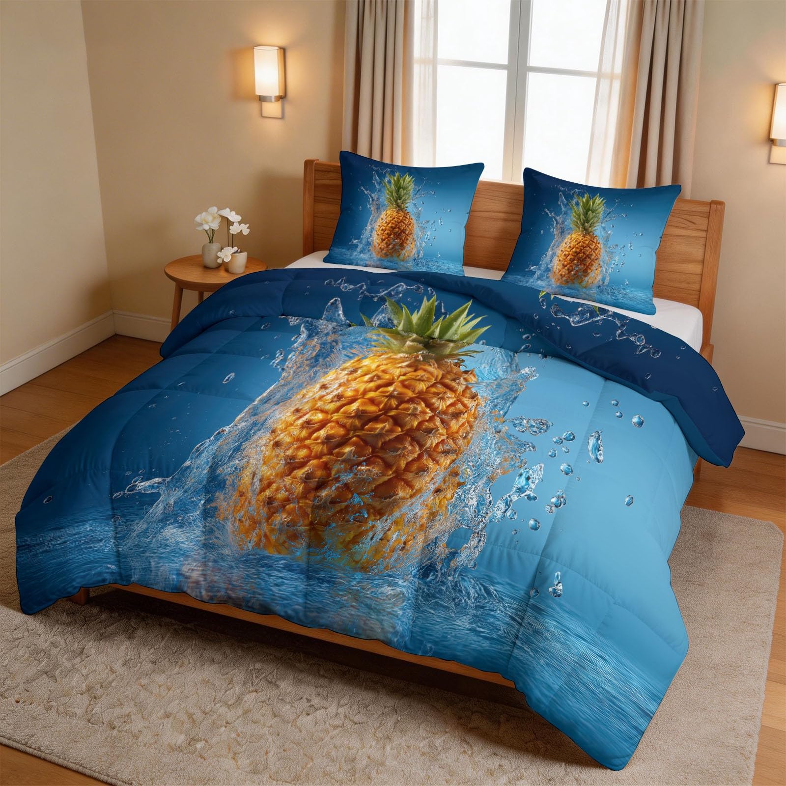 Kołdra bez poszewki 260 x 220 cm, pikowana kołdra na 4 pory roku – nowoczesna, tropikalna, ananasowa, letnia kołdra całoroczna – nadaje się do prania, oddychająca i ciepła i miękka pościel z 2