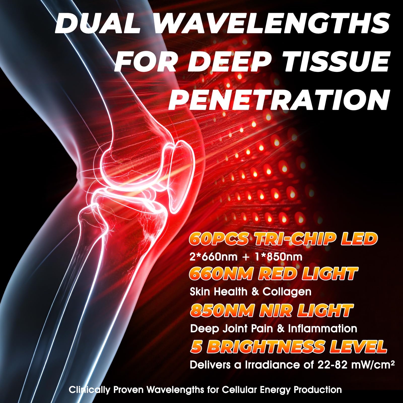 Rodillera de terapia de luz roja con calor y vibración, masajeador inalámbrico de 60 LED infrarrojo cercano con longitudes de onda dobles de 660 nm y 850 nm, envoltura de rodilla recargable