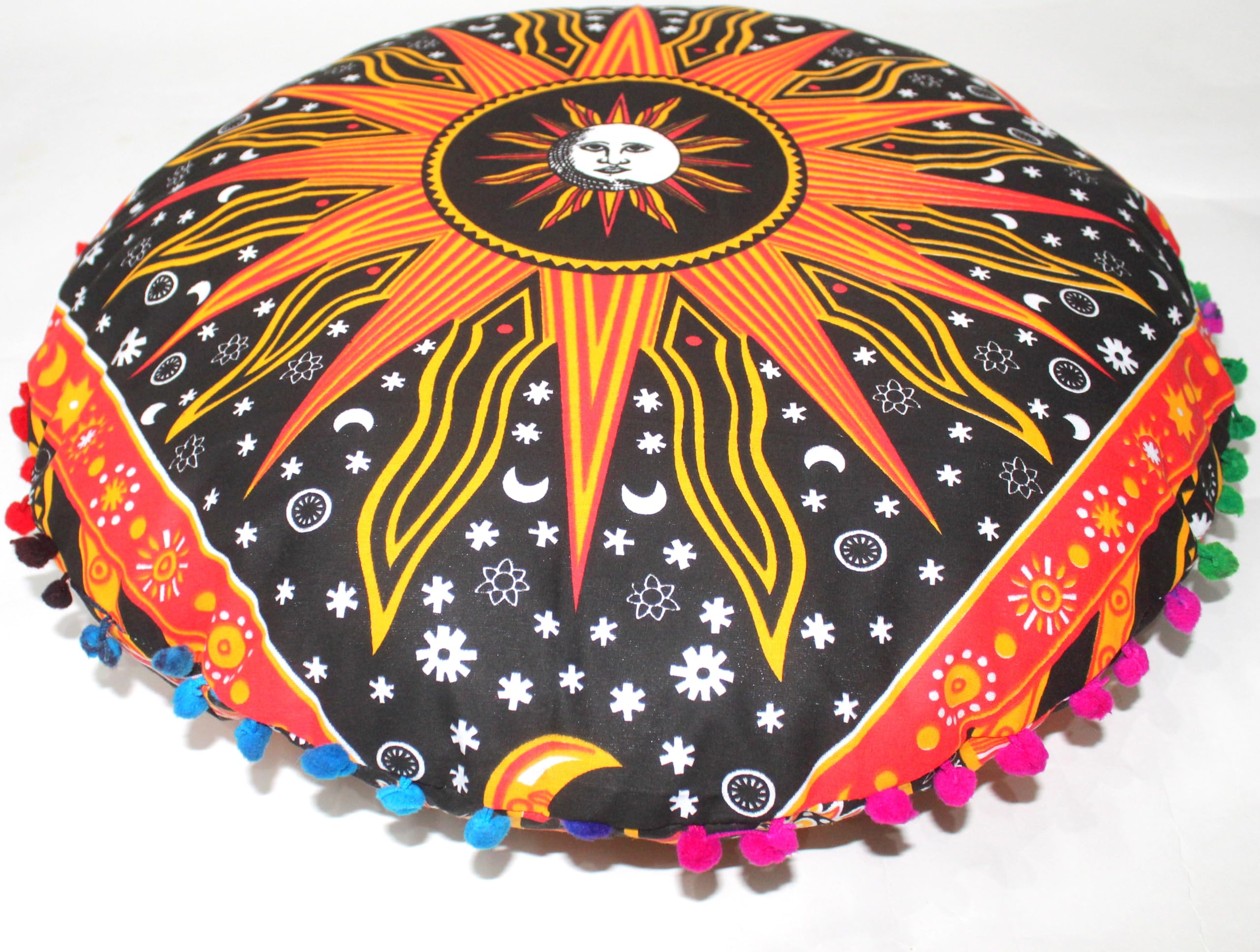 Round Mandala Floor Pillow Cover Seating Cushion Throw Cover Hippie Decorative Bohemian Ottoman Pouf Cover, Pom Pom Pillow Cases,Boho Indian 32 Inches Orange Burning Sun