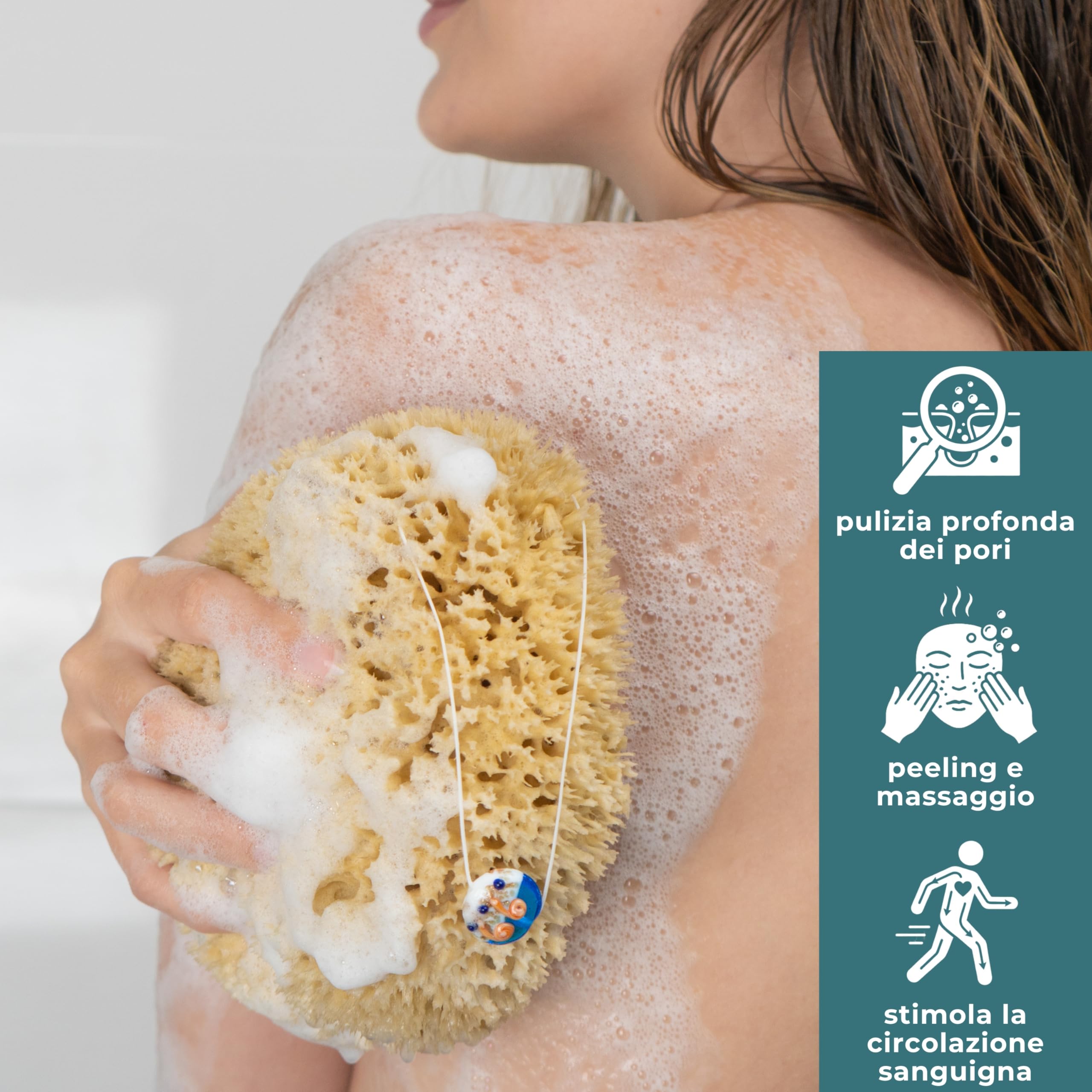 tom&pat® Spugna marina naturale • con cordino e ciondolo in vetro • Dermatest eccellente • spugna doccia per corpo e bagno • non sbiancata • qualità premium dalla Grecia (17-18 cm)