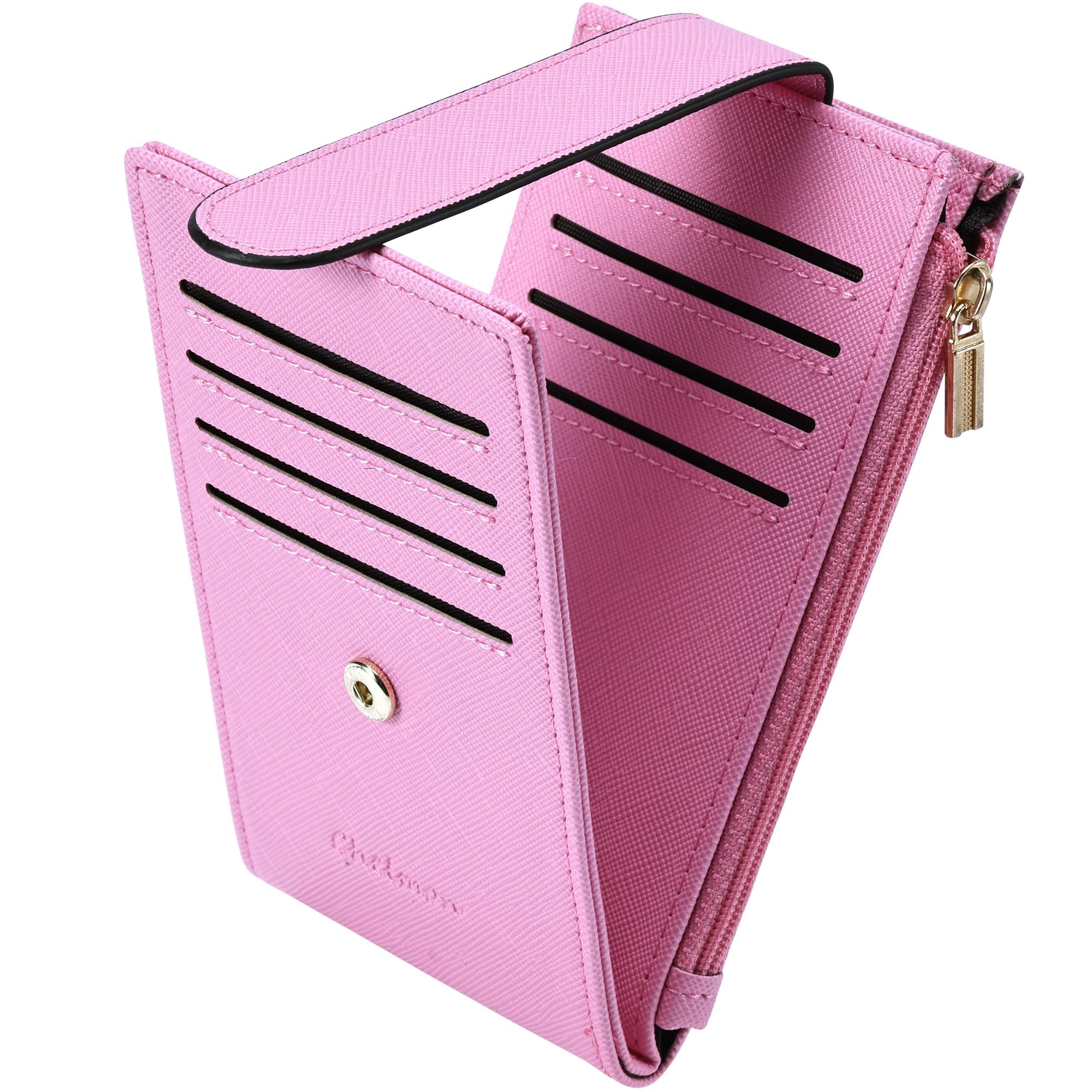 Chelmon Womens Wallet Slim RFID Blocking Bifold Multi Card Case Wallet with Zipper Pocket (Pink)
