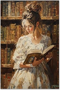 Aozomo Woman in Library Oil Painting Wall Art Vintage Style Oil Painting Canvas Print Female Portrait Oil Painting Pictures Prints Wall Decor Aesthetic Poster 12x18in,A-Unframed