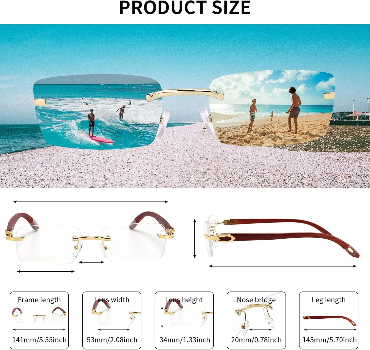 Dollger Rimless Rectangle Sunglasses for Men Women Hip-hop Wood Small Square Sunglasses Frameless 70s 90s Shades - Image 5