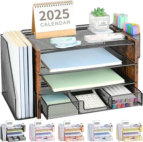 Vista 14 de OPNICE Organizador de escritorio, organizador de archivos de papel de 5 niveles con cajón y soporte para bolígrafos, accesorios de escritorio