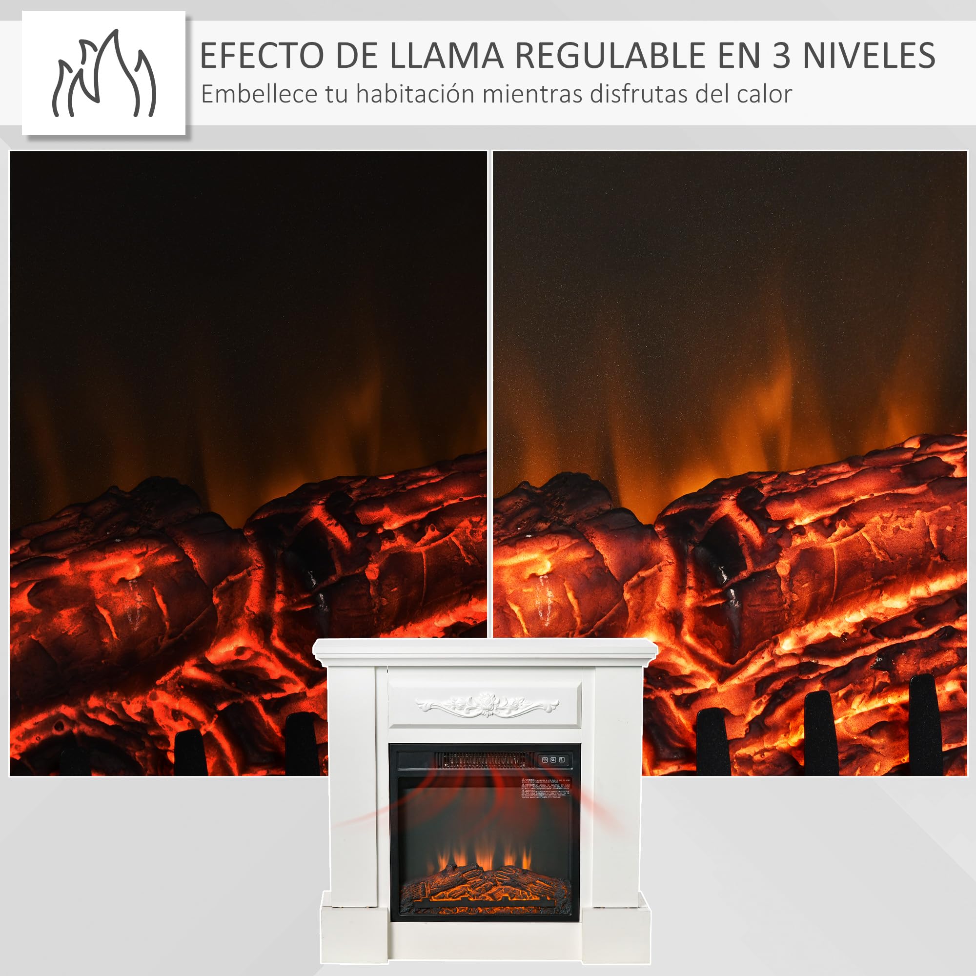 HOMCOM Chimenea Eléctrica 1800W Chimenea Decorativa con Marco Efecto de Llama Mando a Distancia Temporizador Protección contra Sobrecalentamiento para Sala 30 m² Blanco