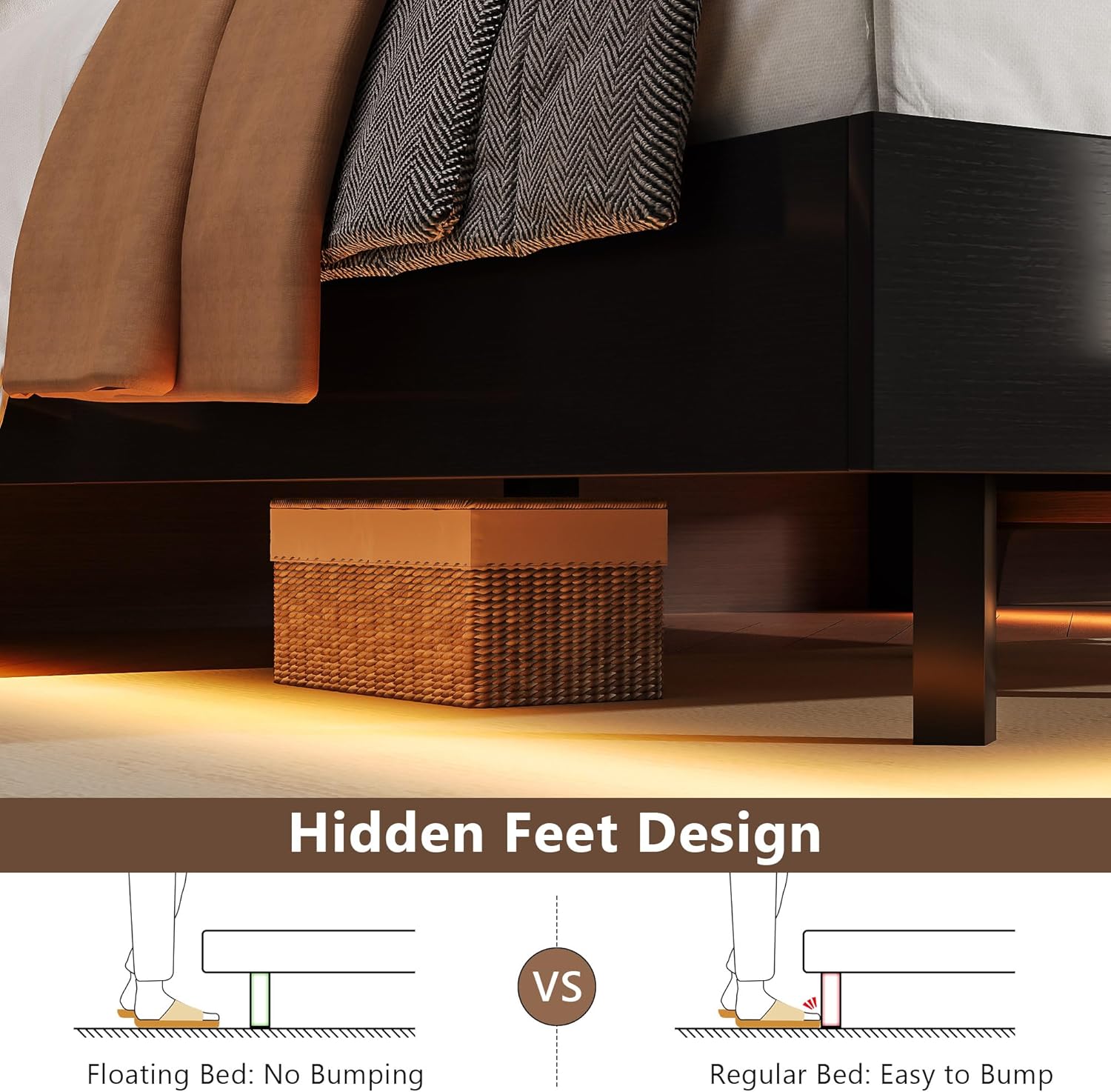 Einhomn Floating Bed Frame Queen Size with 2-Tier Storage Linen Fabric Upholstered Headboard, Wooden Platform Bed w/Charging Station & LED Lights, Metal Slats Support, No Box Spring Needed, Black