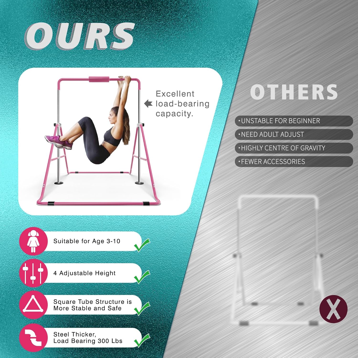 Expandable Bar for Junior Gymnasts - Adjustable and Folding Design，Expandable Horizontal Bars Durable and Sturdy Bars