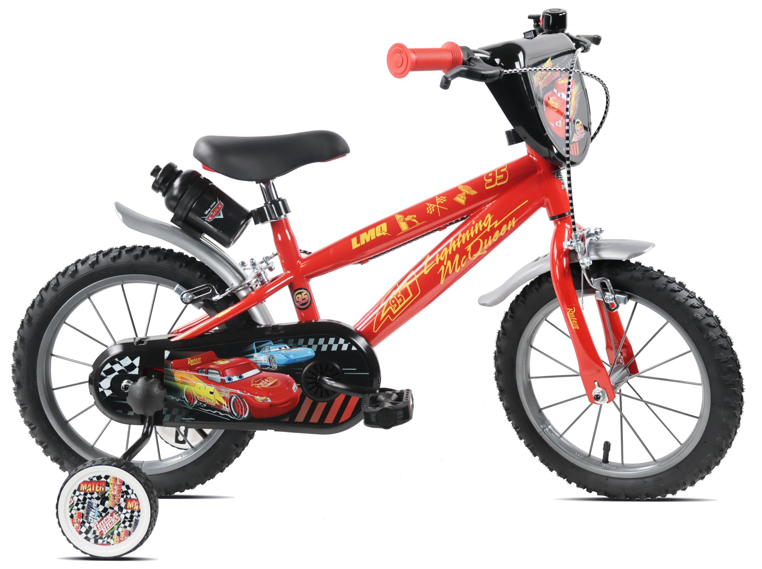 Denver Bike Bicicletta Bambino 14 Pollici Licensed Cars, 3-5 Anni, Rotelle Removibili, Freni Caliper Anteriore/Posteriore, Telaio Acciaio, Ruote Gonfiabili, Borraccia e Scudo