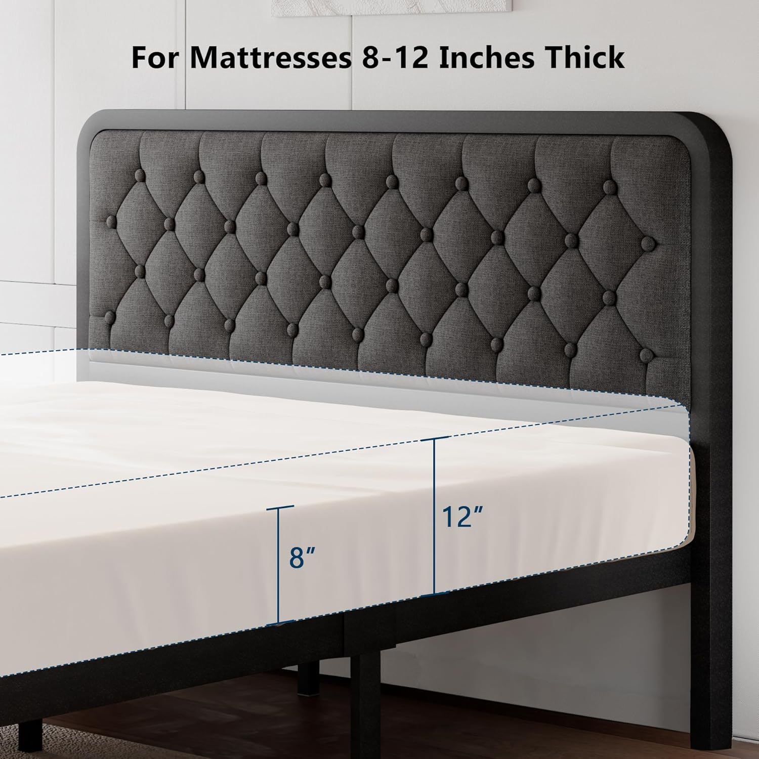 Full Size Bed Frame, Curved Metal Platform Bed Frame with Linen Upholstered Headboard, 12 Inch Under-Bed Space, No Box Spring Needed, Easy Assembly, Dark Grey