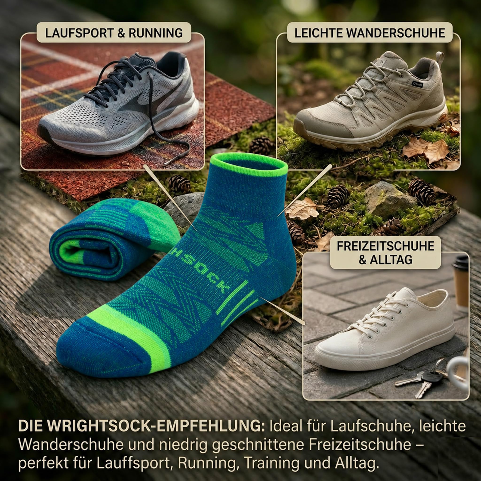 Wrightsock - 1 Paar Herren/Damen Profi Sportsocke, Laufsocke, Modell Coolmesh II in zweifarbig gemustert, Anti-Blasen-System, doppel-lagig, Quarter (knöchelhoch)