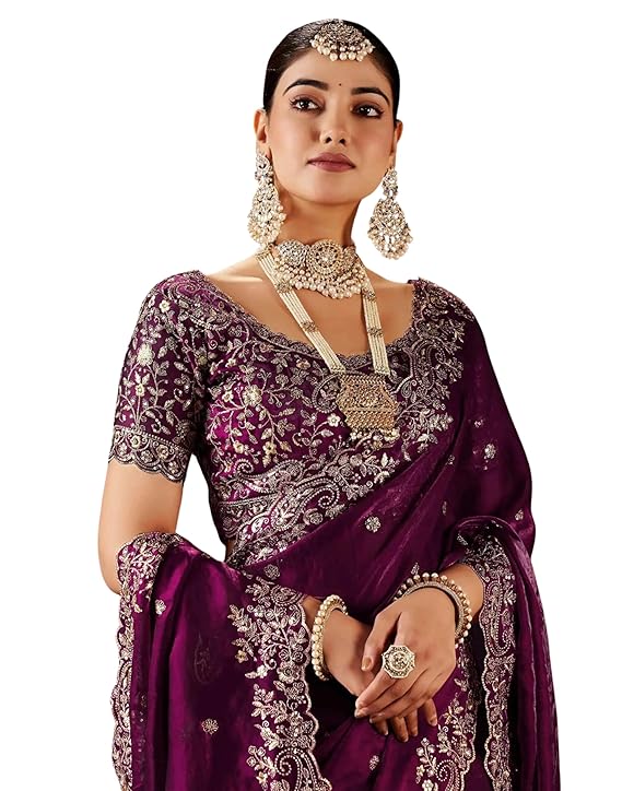 DHARMEE Women's Silk Saree with Embroidered Blouse Piece, Traditional Parte Wear with Gold Border and Hand Work Lace Embellished, Solid/Plain, Applique, Woven, Bollywood Jimmy Jimmy, Satin Saree