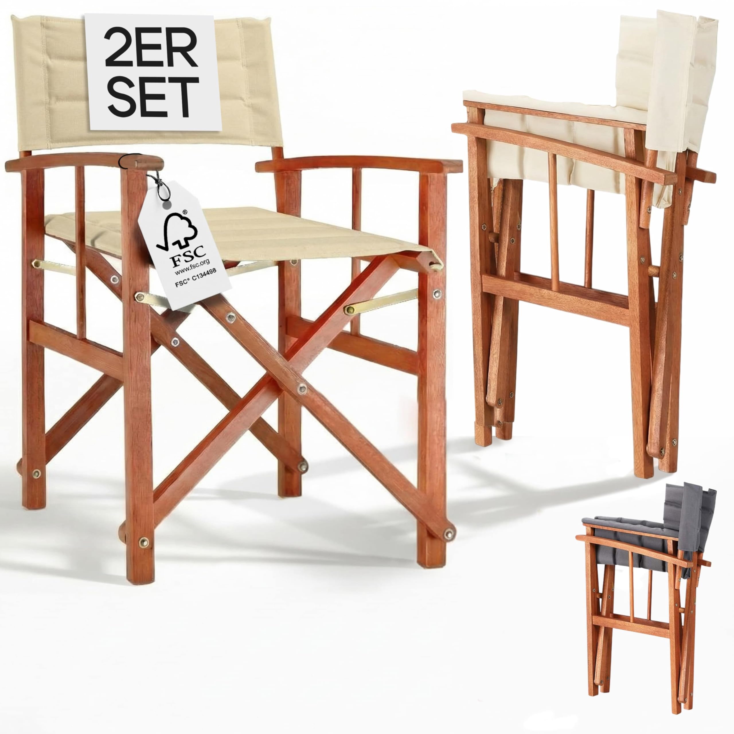 Casaria® Premium Regiestuhl 2er Set aus FSC®-zertifiziertem Eukalyptusholz - Gepolsterte Klappstühle mit Armlehnen, waschbarem Bezug & extra Sitzkomfort, bis 160 kg belastbar