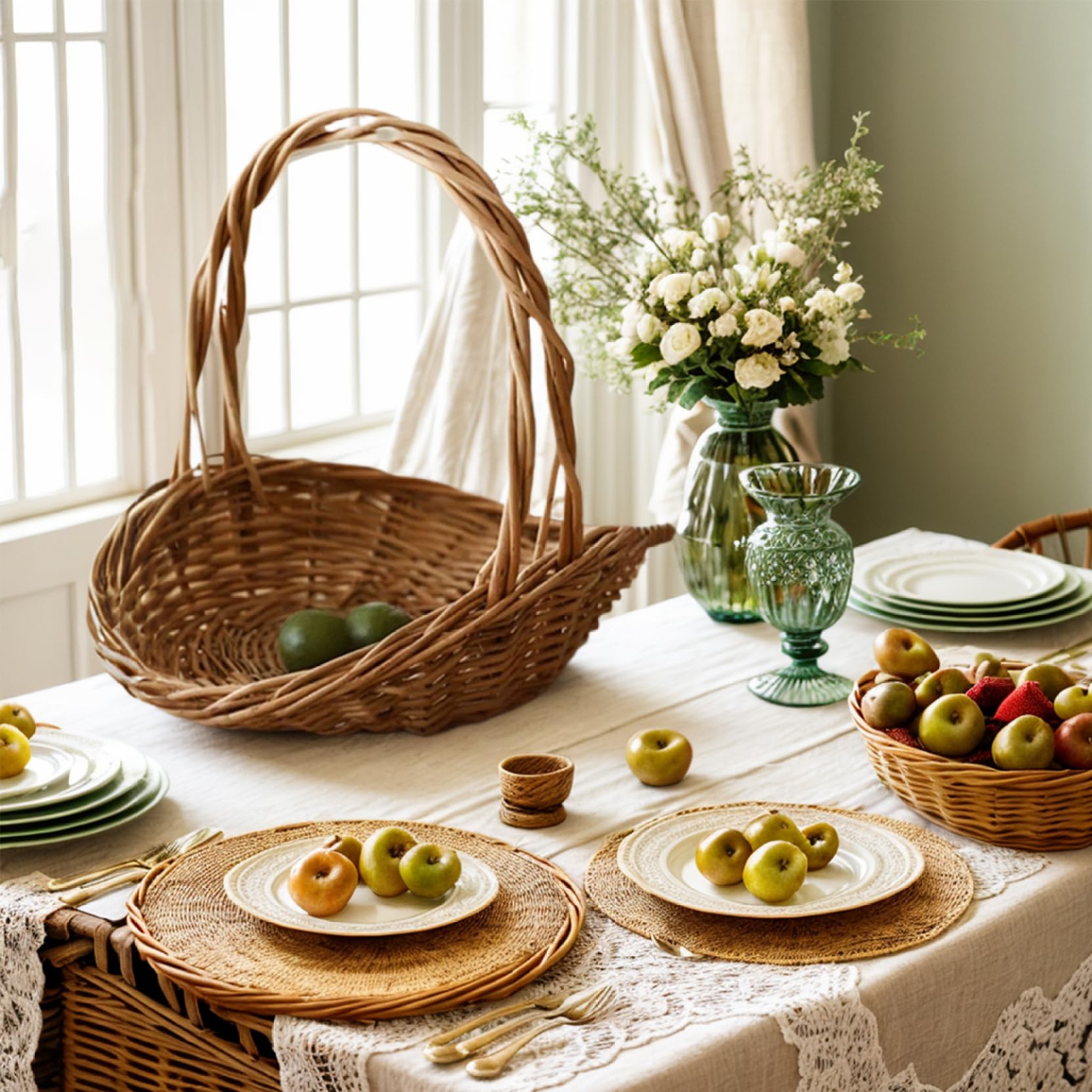 2 cestini in vimini naturale con manici, cestini per la raccolta da giardino per verdure e fiori, contenitori multiuso per picnic e decorazioni pasquali