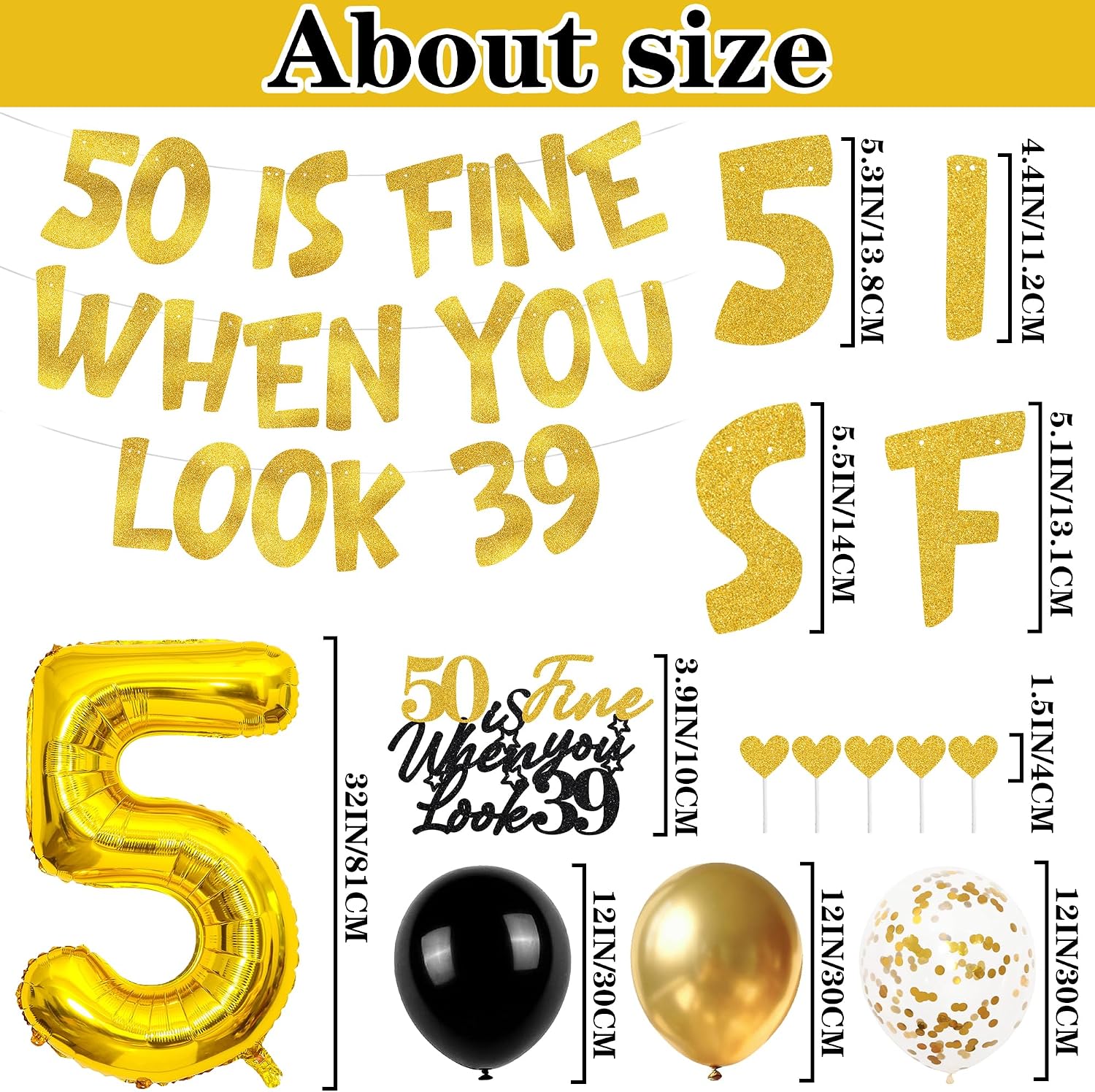 50th Birthday Party Decorations Banner - Gold Glitter 50 is Fine When You Look 39 Decoration with Banners Cake Topper Balloons, Happy 50th Birthday Party Supplies for Men Women