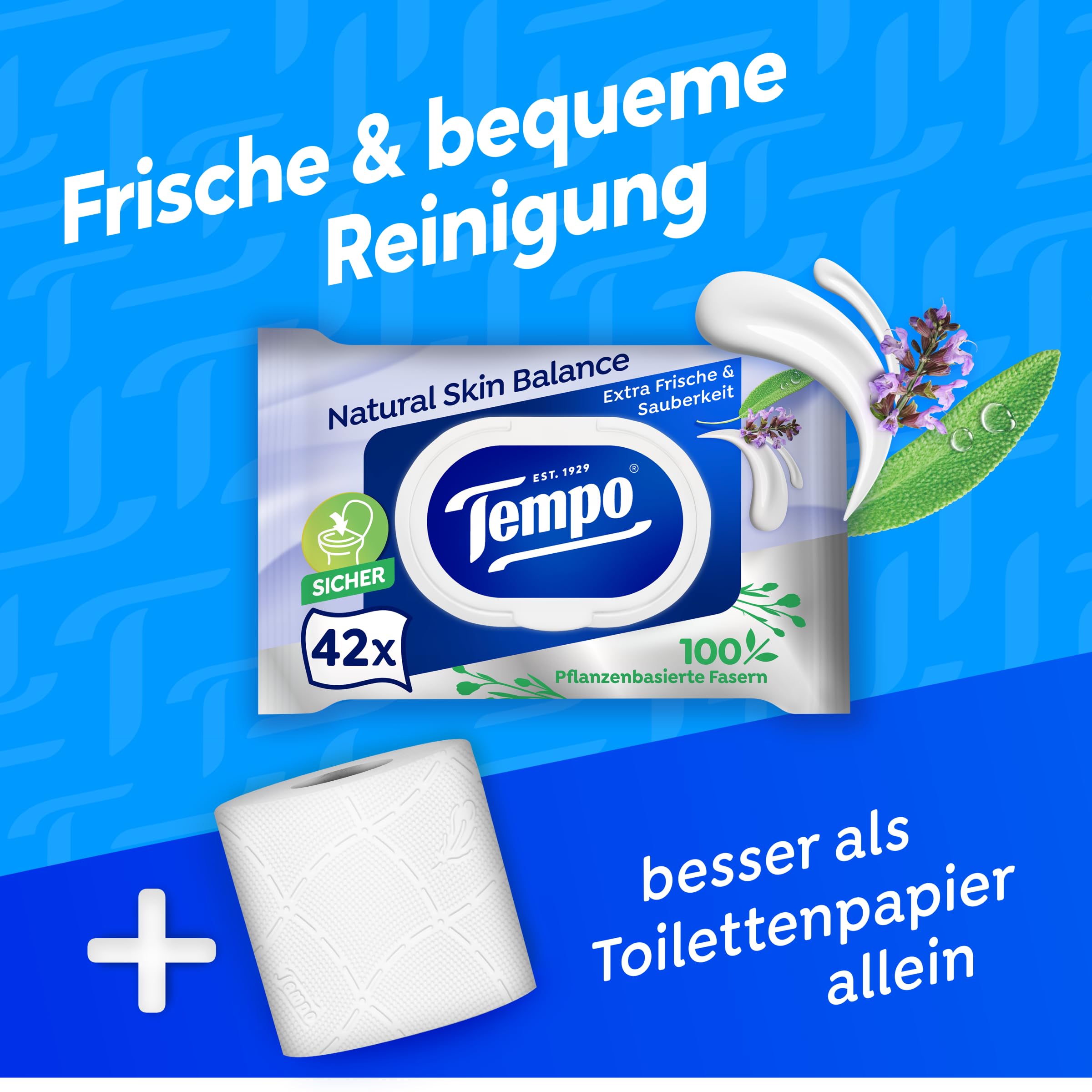 Tempo Feuchte Toilettentücher Natural Skin Balance -16 Packungen mit je 42 Tüchern - Mit Panthenol und Kräuterextrakt - Herunterspülbar