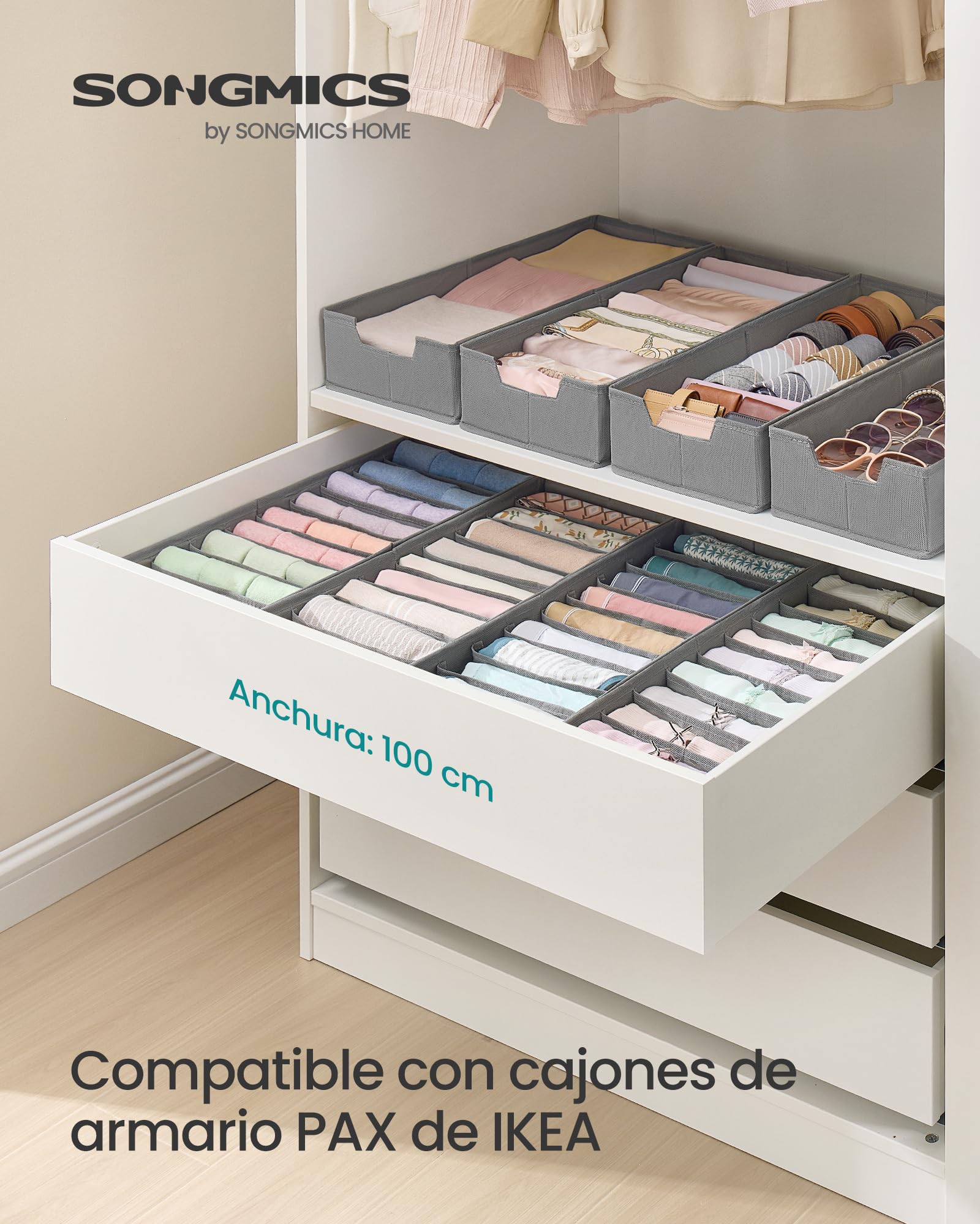 SONGMICS Juego de 4 Organizadores para Cajones de Ropa Interior, Plegables, 50x22x10 cm, Gris