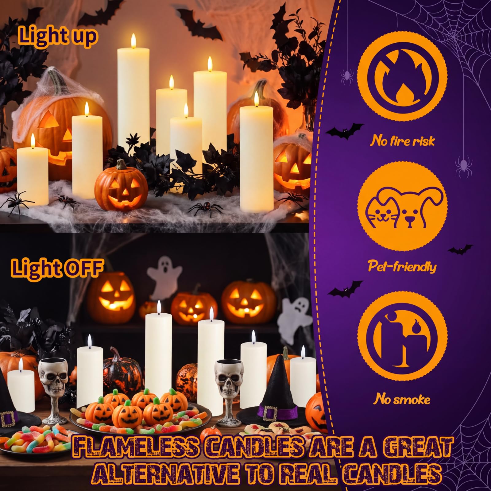 Retisee Schmale, flackernde flammenlose Stumpenkerzen mit Fernbedienung, batteriebetrieben, LED-Echtwachs, künstliche 3D-Docht-Kaminkerzen für Herbst, Halloween, Erntedankfest, Hochzeit