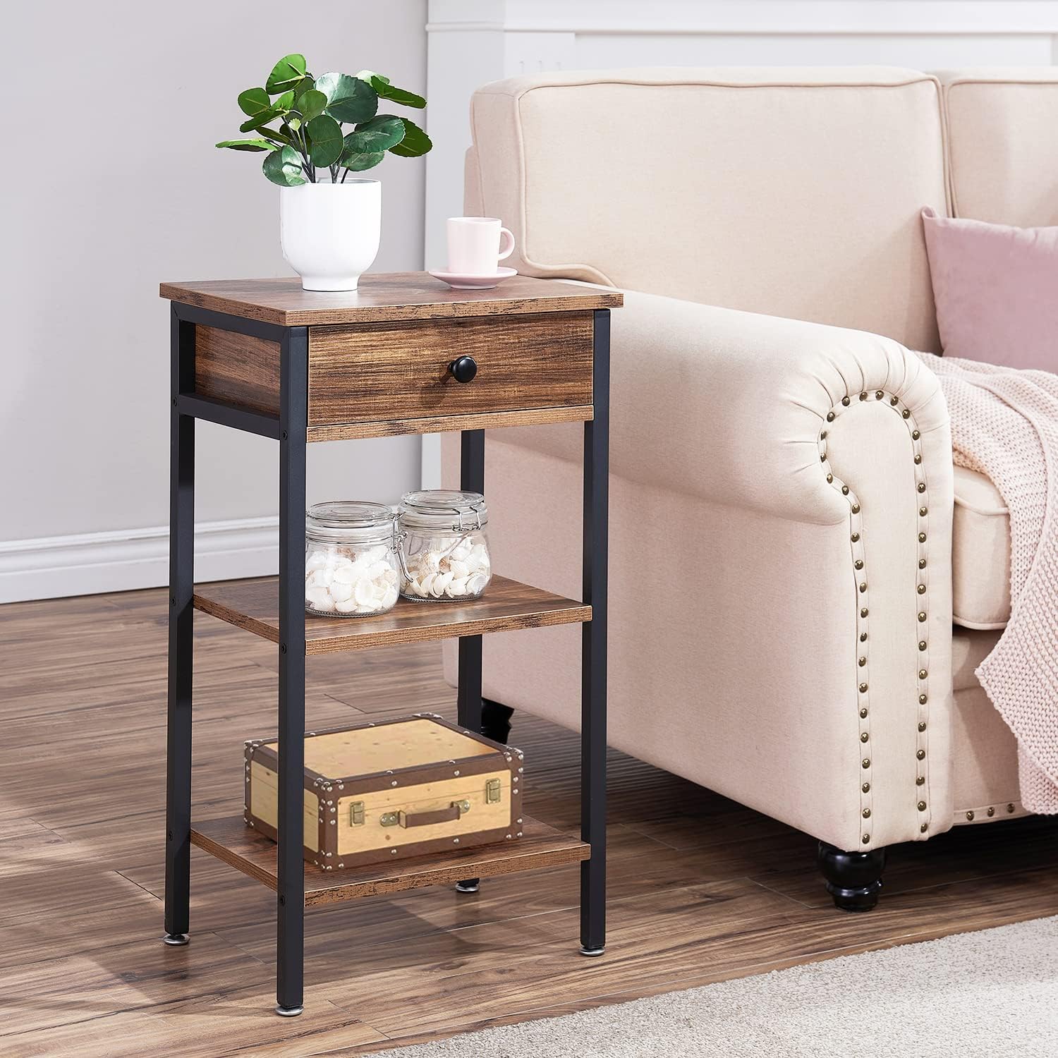 VECELO 27.5" Tall End Tables, Nightstands with Adjustable Shelf and Bin Drawer for Living Room/Bedroom,Set of 2