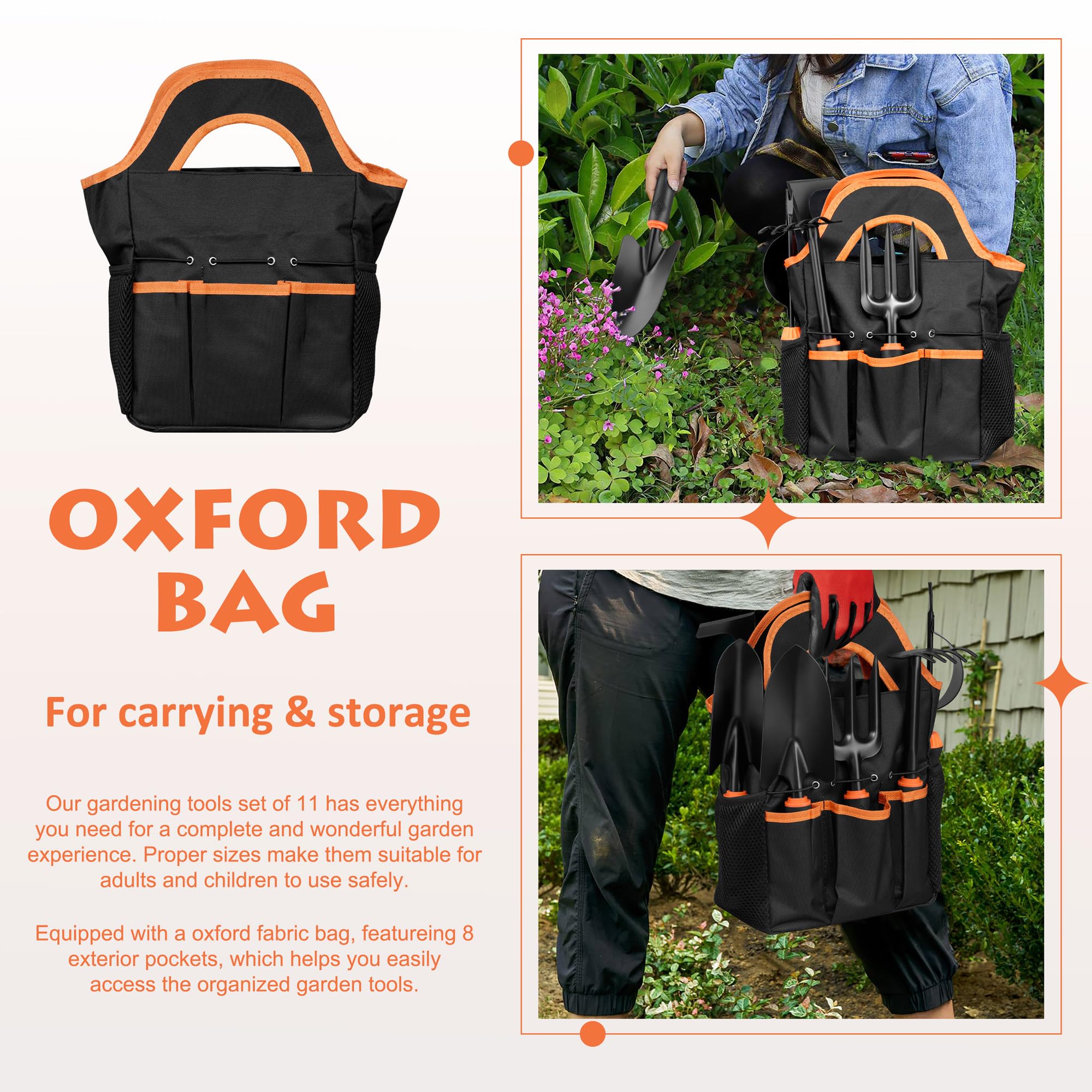 HaSteeL Garden Tools Set, 11 Pcs Gardening Supplies Hand Tool Kit for Women Men Gardeners, Include Tote Bag, Reportting Mat, Transplant Trowel, Rake, Pruner for Outdoors