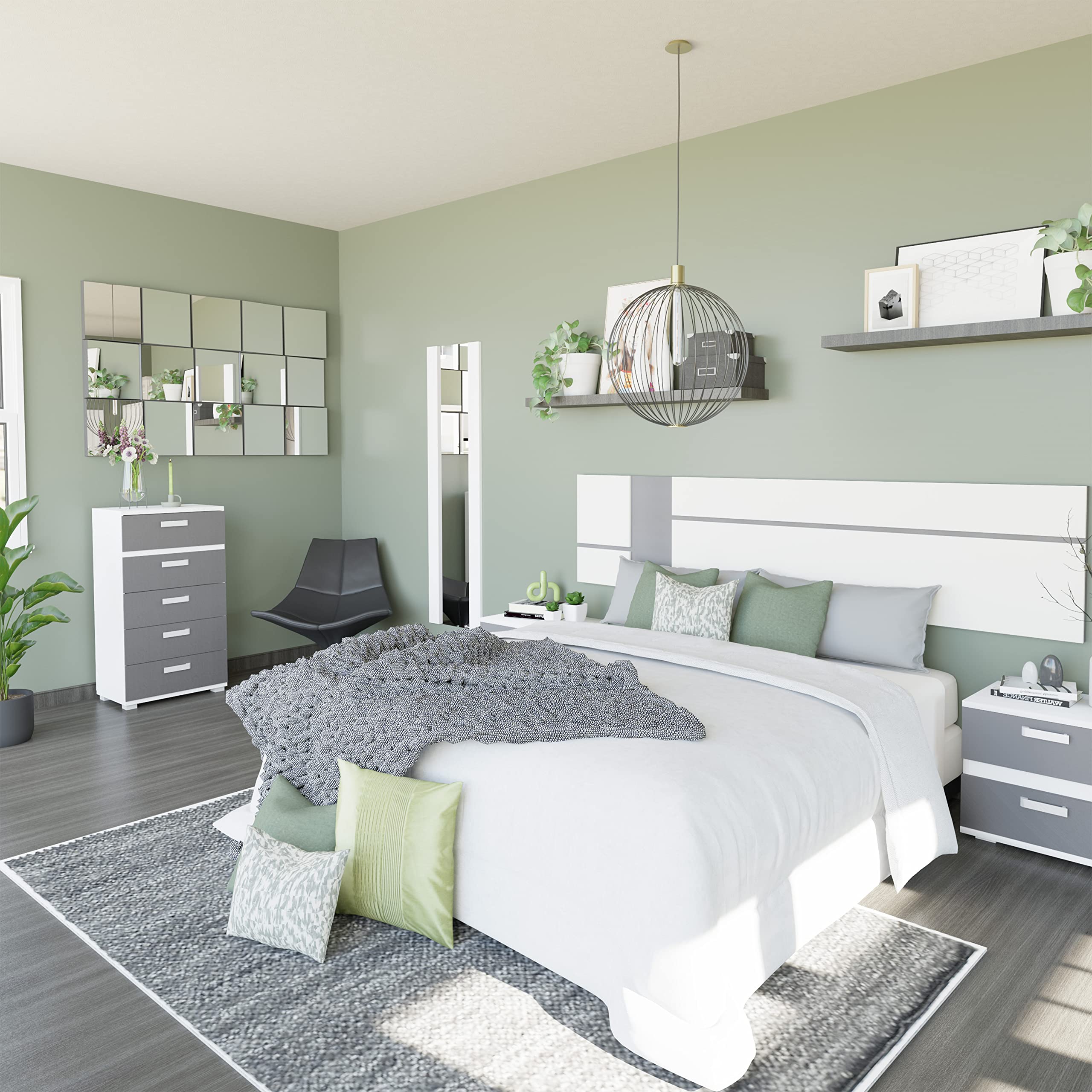 duehome | Pack Cabecero con Leds y 2 Mesitas de Noche, Dormitorio Doble, Dormitorio Completo, Modelo Ataneq Air, Acabado en Blanco y Grafito